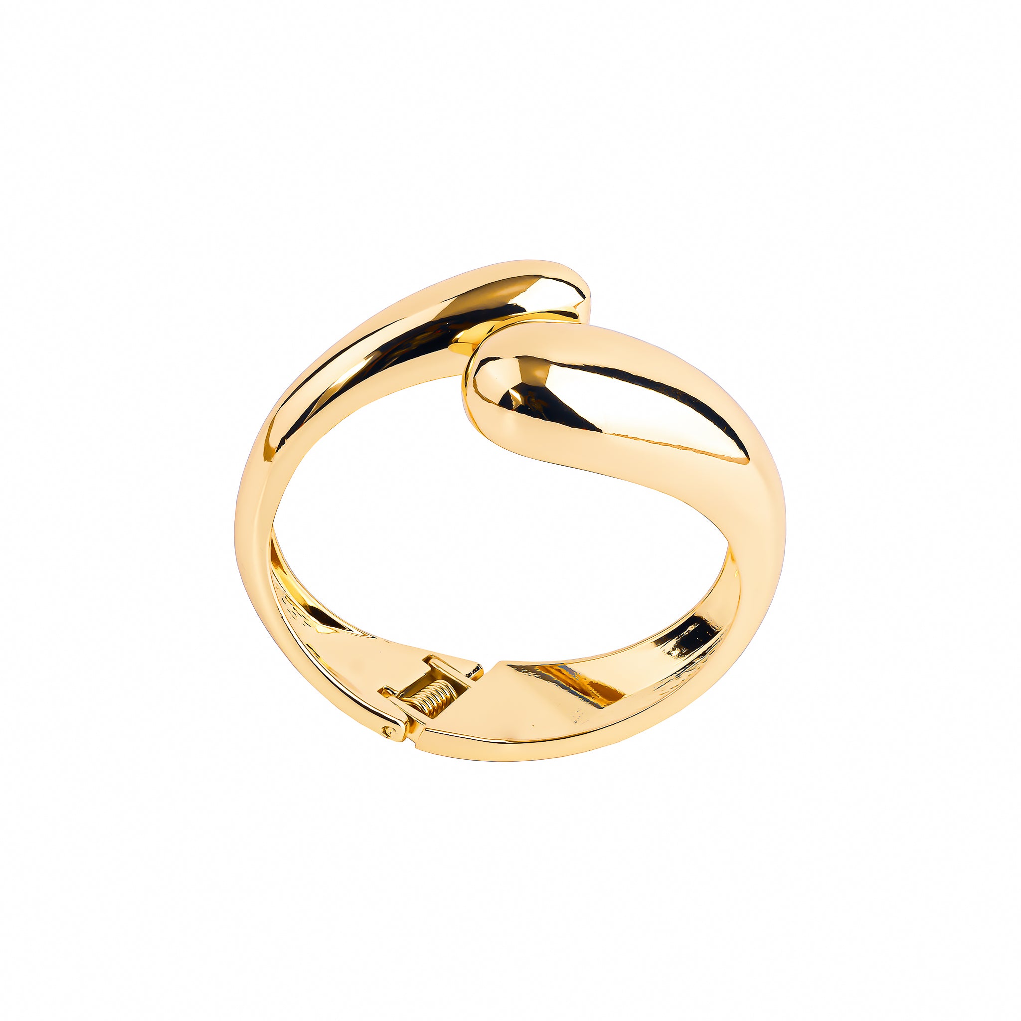 A gold-plated cuff bracelet featuring a sleek, curved design with polished shine. The open-ended structure adds a contemporary and luxurious touch, perfect for statement styling.