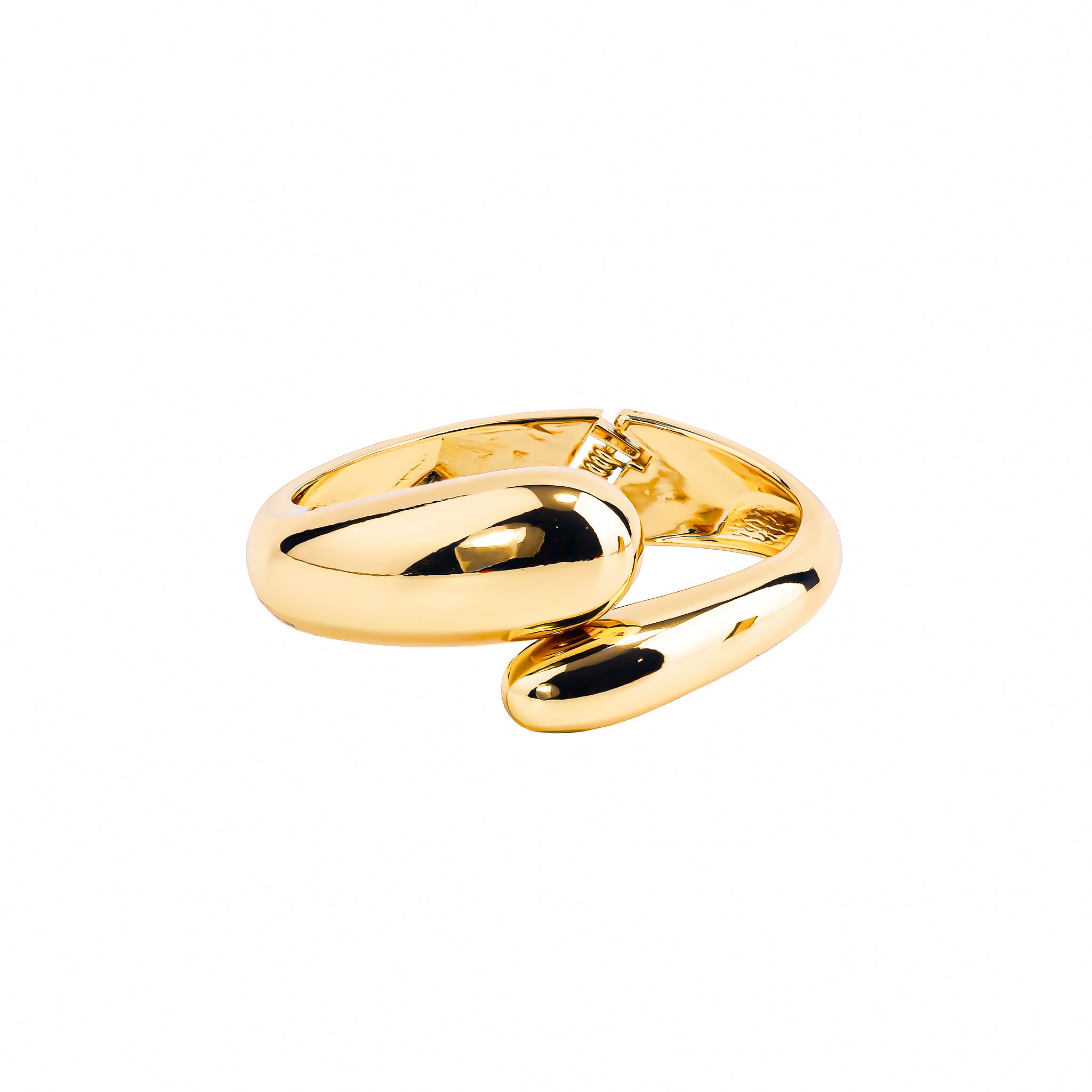 A gold-plated cuff bracelet featuring a sleek, curved design with polished shine. The open-ended structure adds a contemporary and luxurious touch, perfect for statement styling.