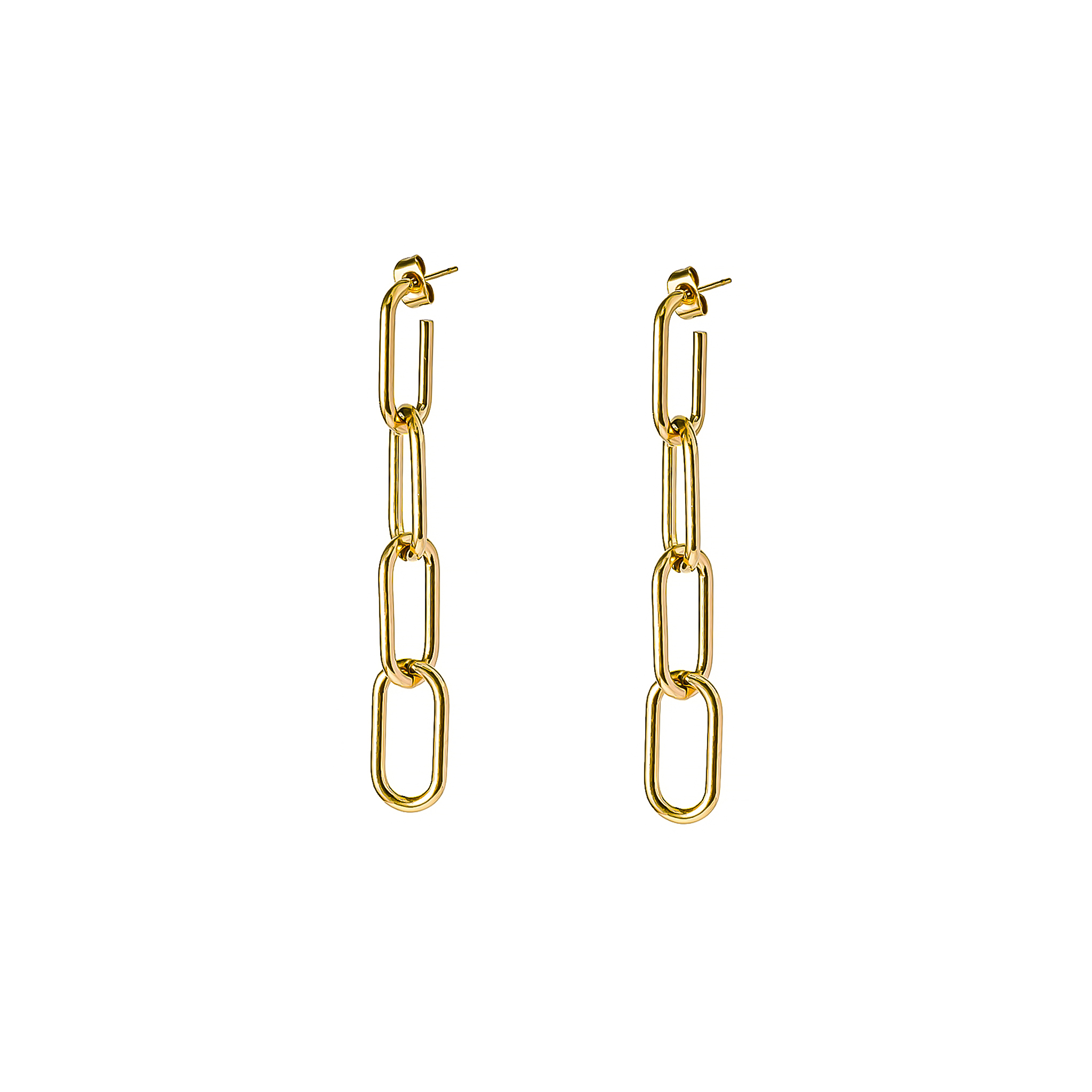 Minimalist 18K gold-plated chain drop earrings with interlinked oval links, creating a modern and elegant statement.