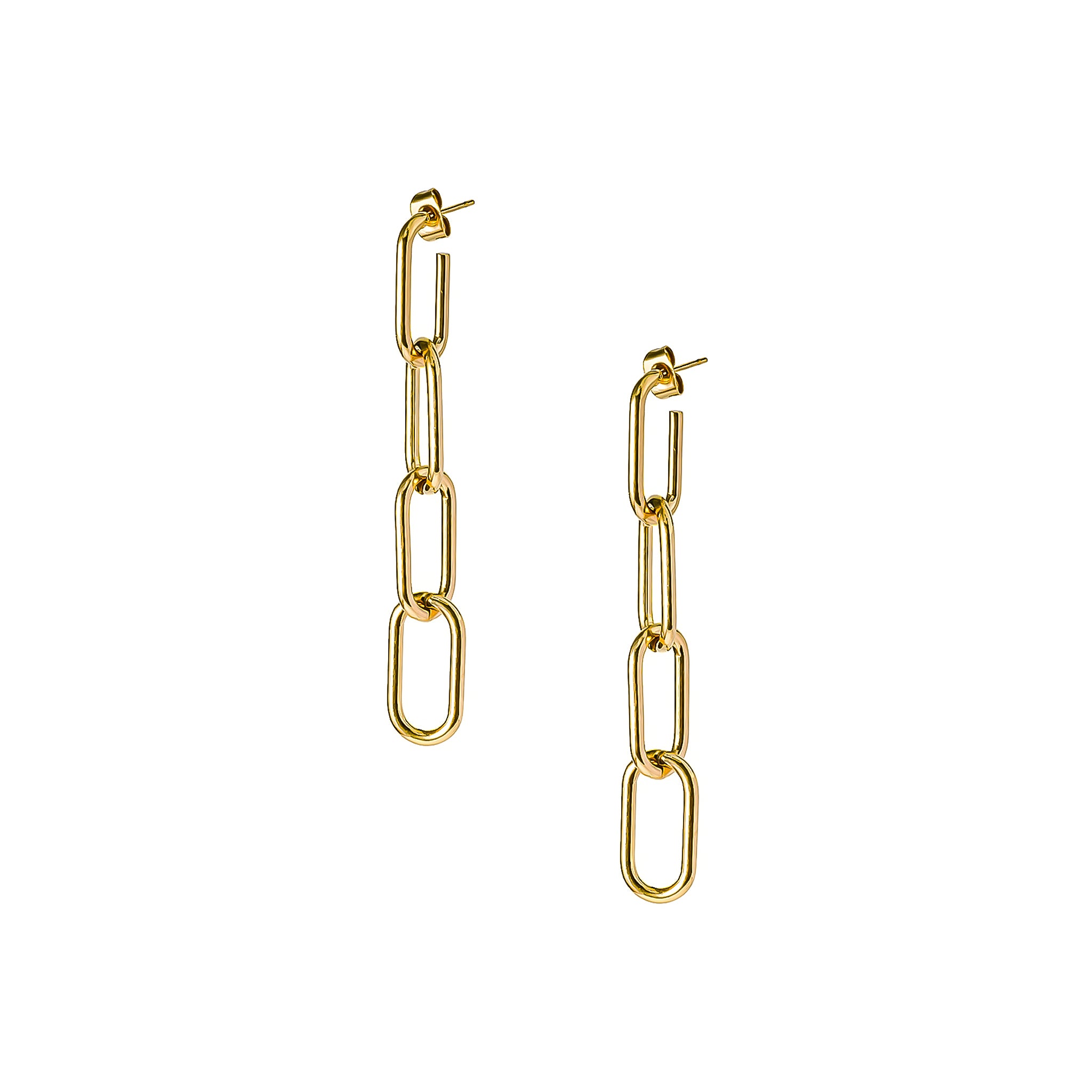 Minimalist 18K gold-plated chain drop earrings with interlinked oval links, creating a modern and elegant statement.