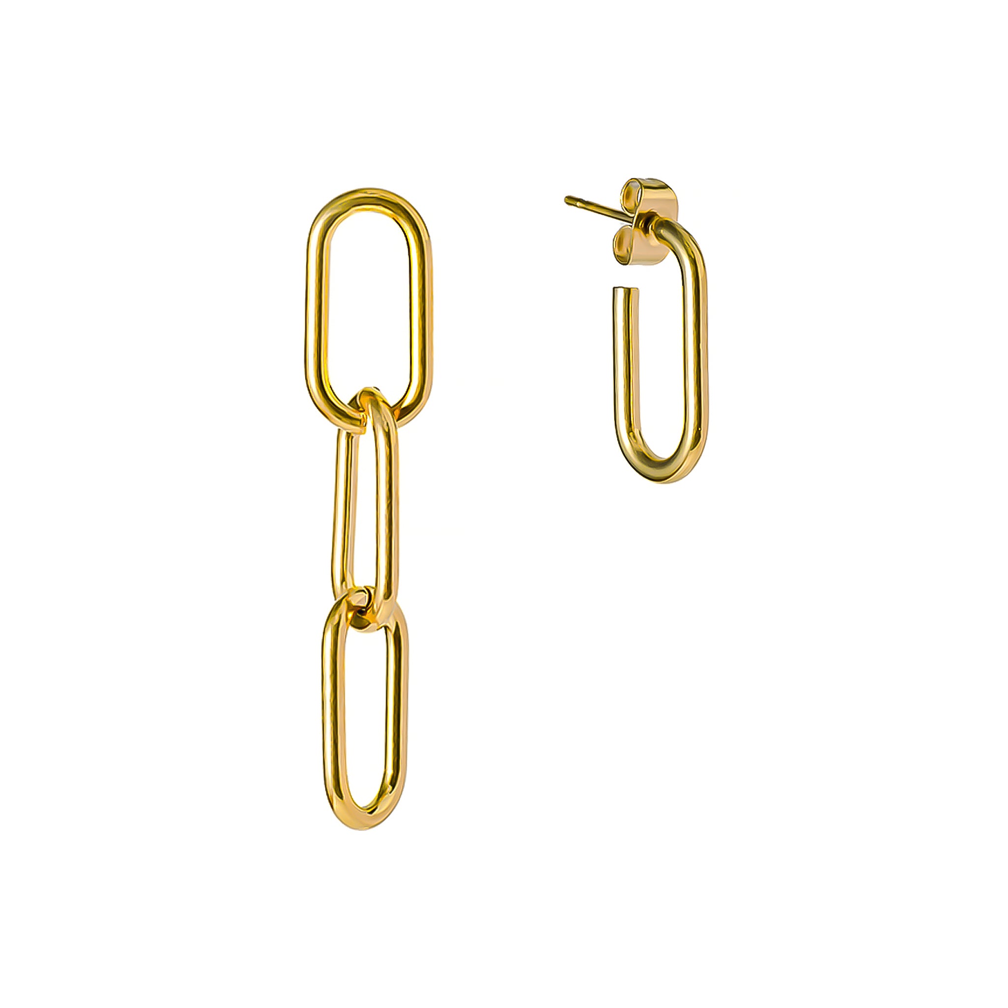 Minimalist 18K gold-plated chain drop earrings with interlinked oval links, creating a modern and elegant statement.
