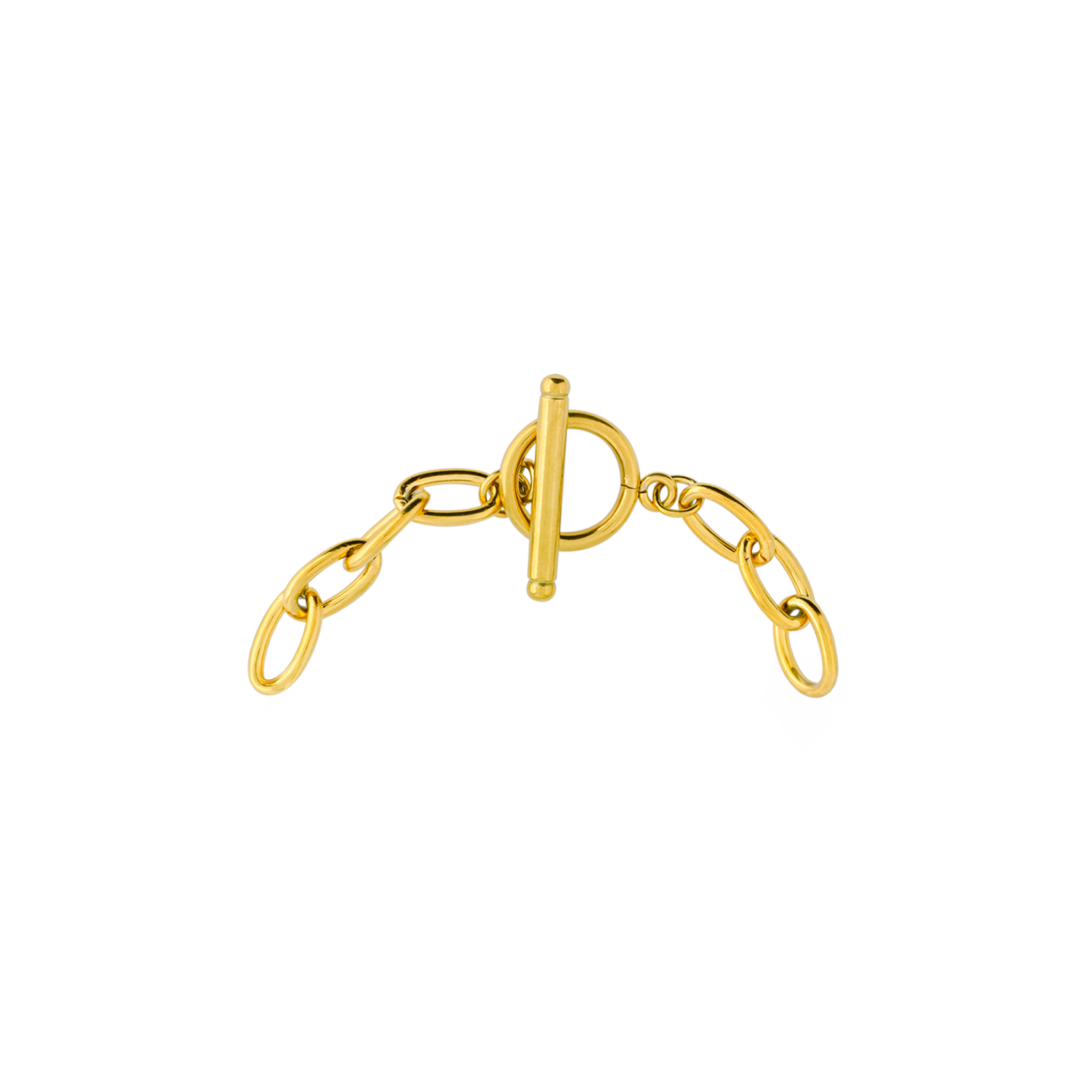 Close-up of a 18K gold-plated chain-link bracelet with a toggle clasp, displaying its sleek, modern design.