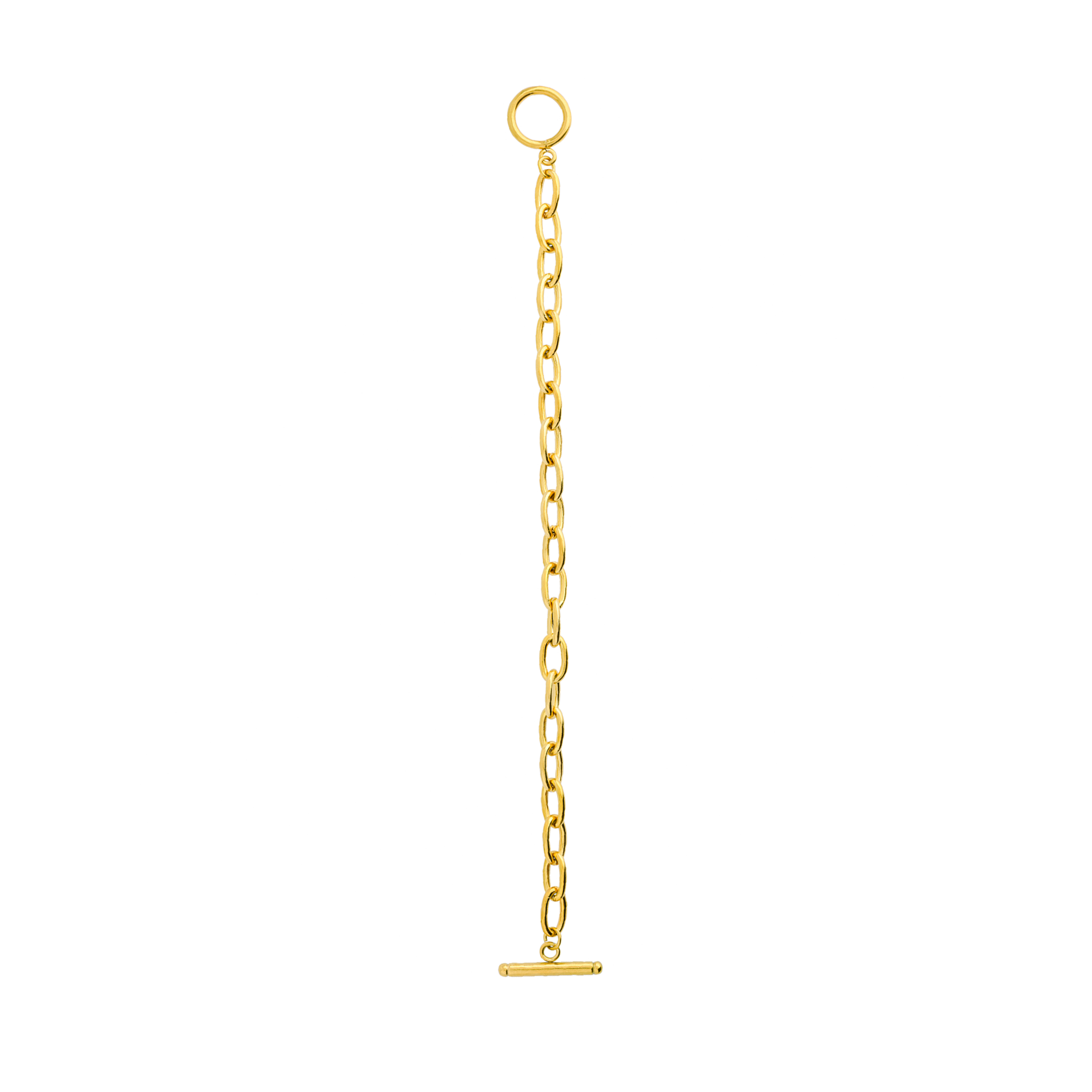 Close-up of a 18K gold-plated chain-link bracelet with a toggle clasp, displaying its sleek, modern design.