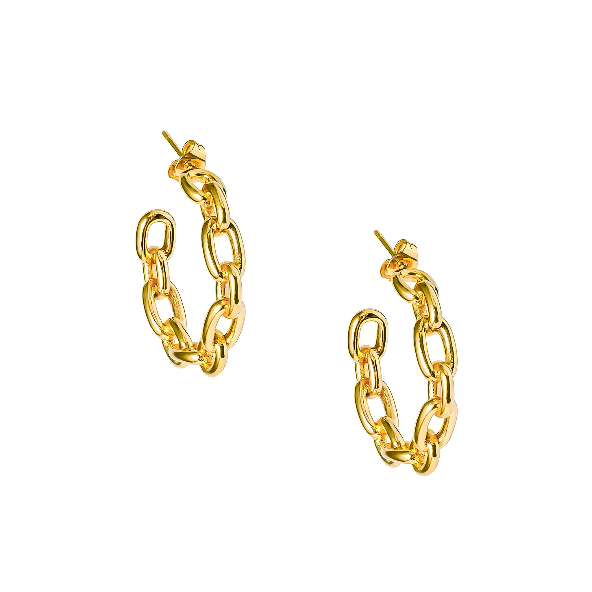 A pair of 18K gold-plated hoop earrings featuring bold chain links, designed to add modern charm to any outfit.