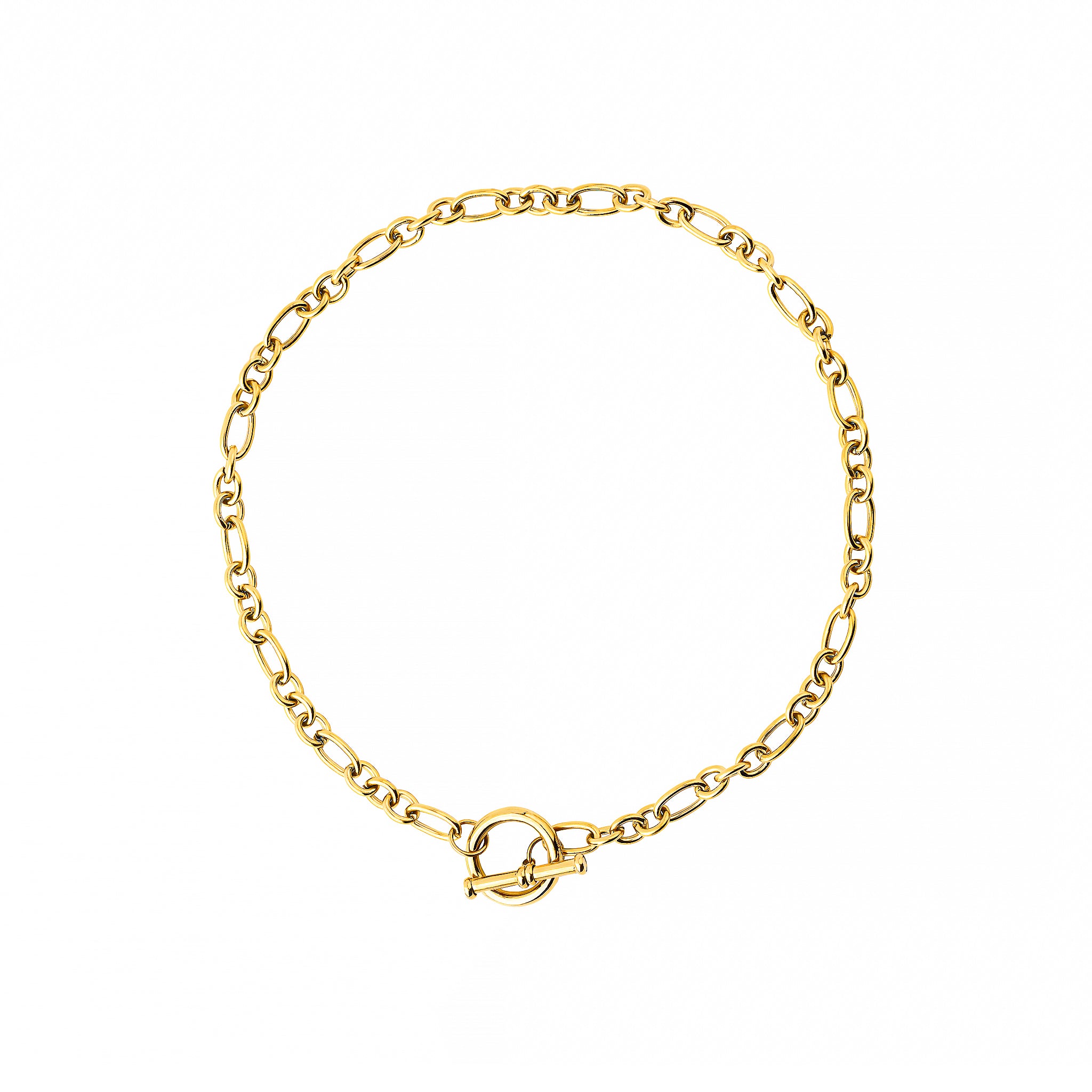 Close-up view of an 18K gold-plated chain necklace featuring interlocking links and a toggle clasp design, arranged neatly in a circular layout on a white background.