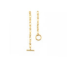 Close-up view of an 18K gold-plated chain necklace featuring interlocking links and a toggle clasp design, arranged neatly in a circular layout on a white background.