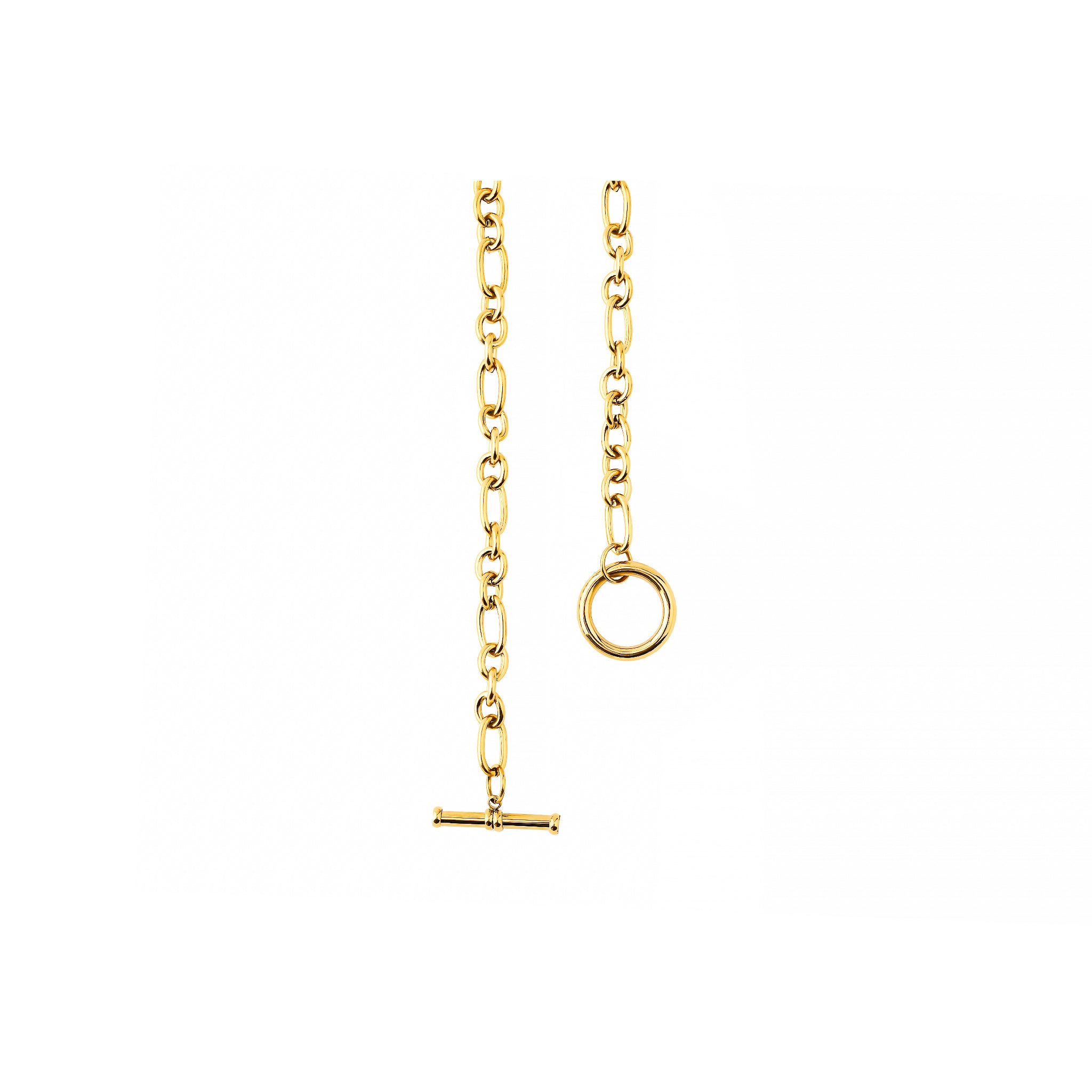Close-up view of an 18K gold-plated chain necklace featuring interlocking links and a toggle clasp design, arranged neatly in a circular layout on a white background.