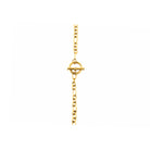 Close-up view of an 18K gold-plated chain necklace featuring interlocking links and a toggle clasp design, arranged neatly in a circular layout on a white background.