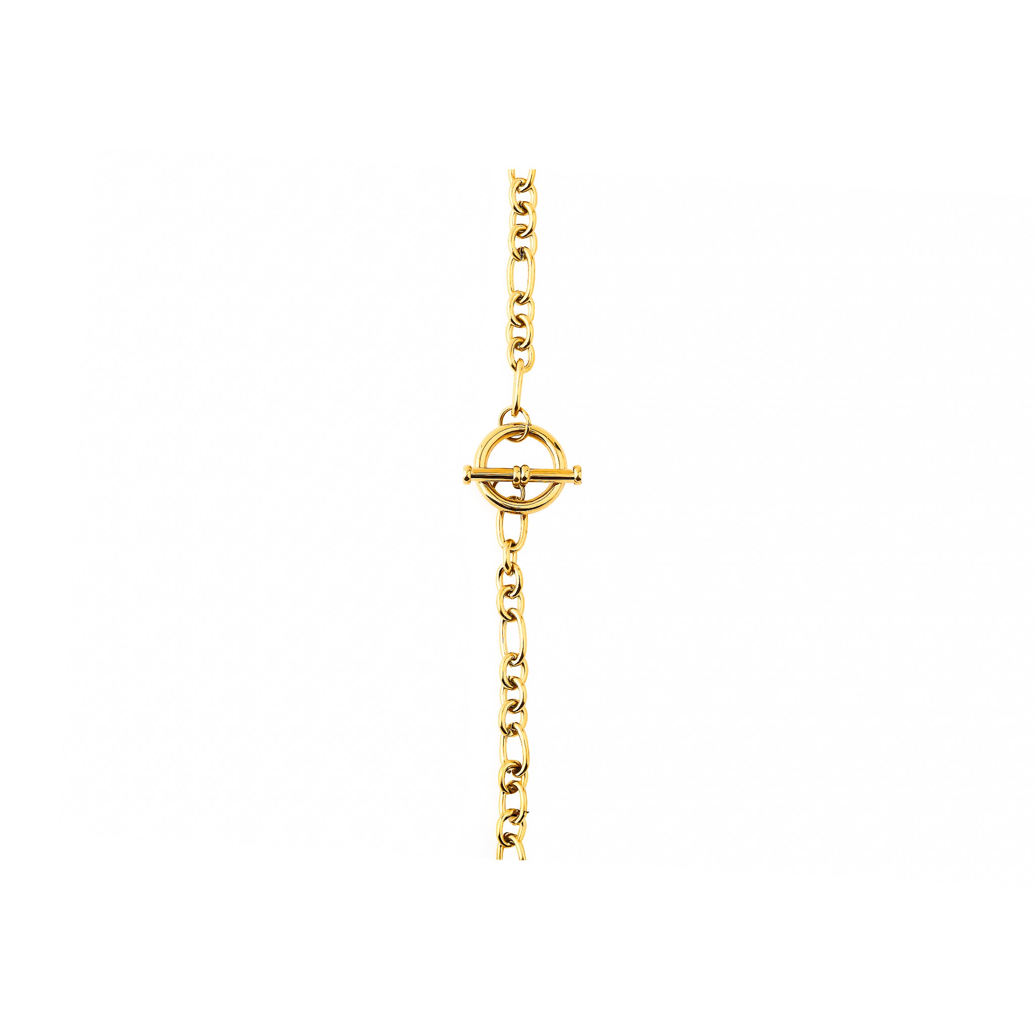 Close-up view of an 18K gold-plated chain necklace featuring interlocking links and a toggle clasp design, arranged neatly in a circular layout on a white background.