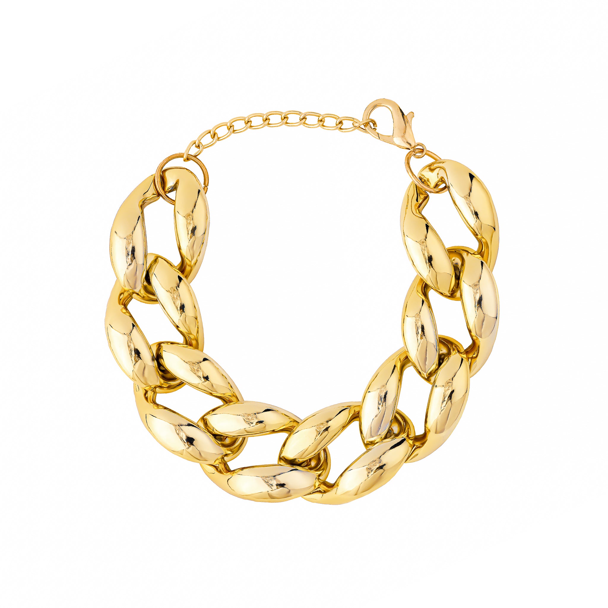 Model wearing an gold-plated chunky chain link choker, paired with a strapless white dress, showcasing its statement design against smooth skin.