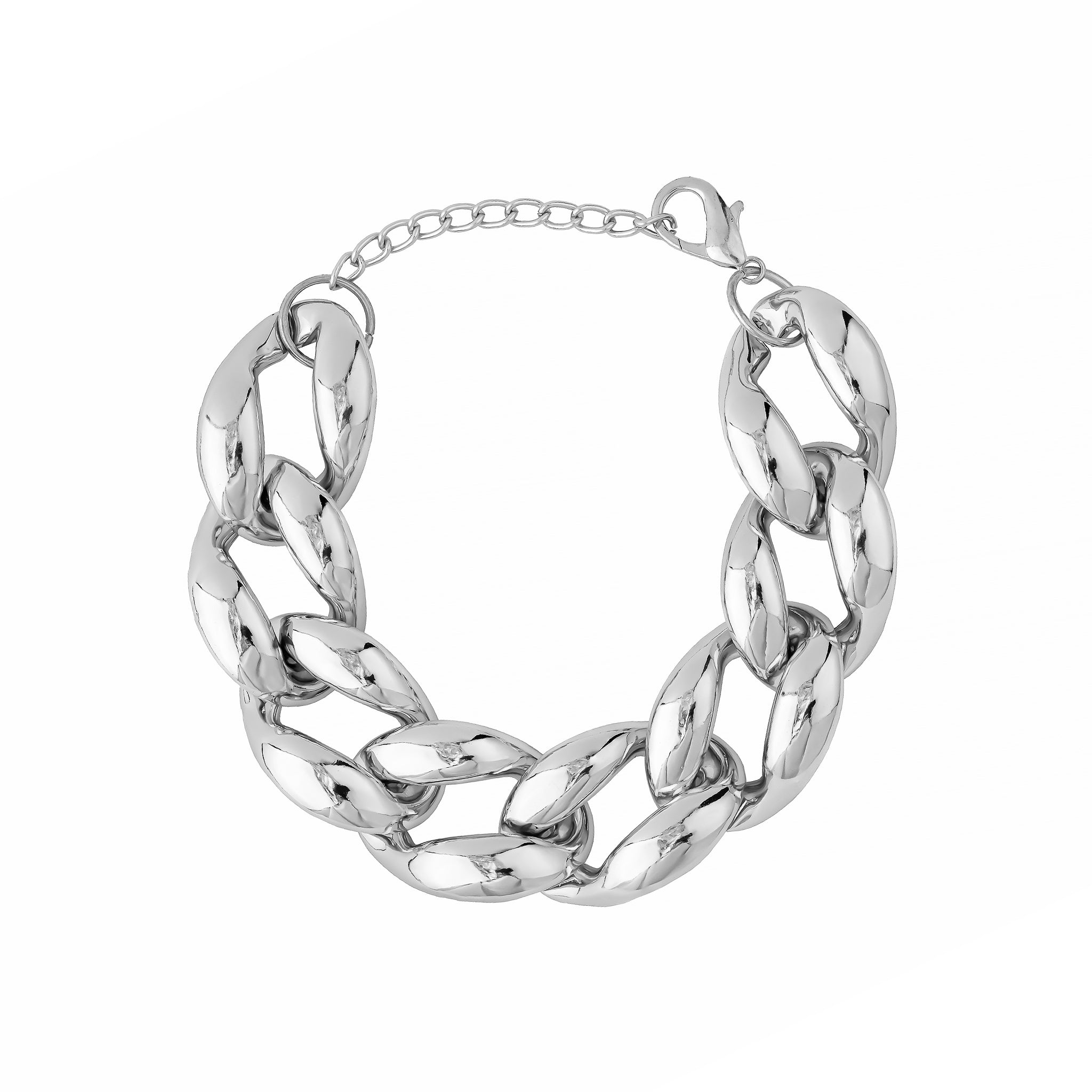 Silver plated chunky chain link choker with a bold design, featuring a thick interwoven structure and a polished finish, laid flat against a white background.