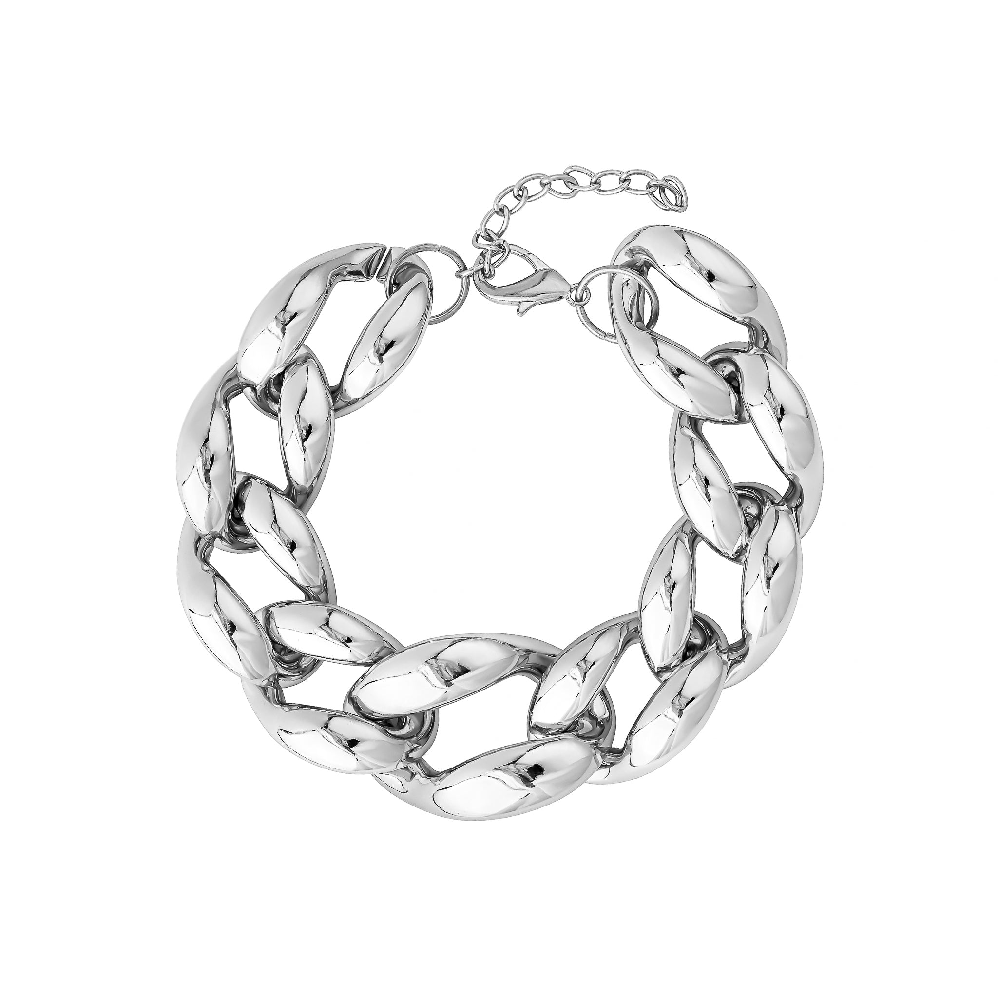 Silver plated chunky chain choker featuring bold, polished interlocking links and a secure clasp closure, exuding a statement-making luxurious appeal.