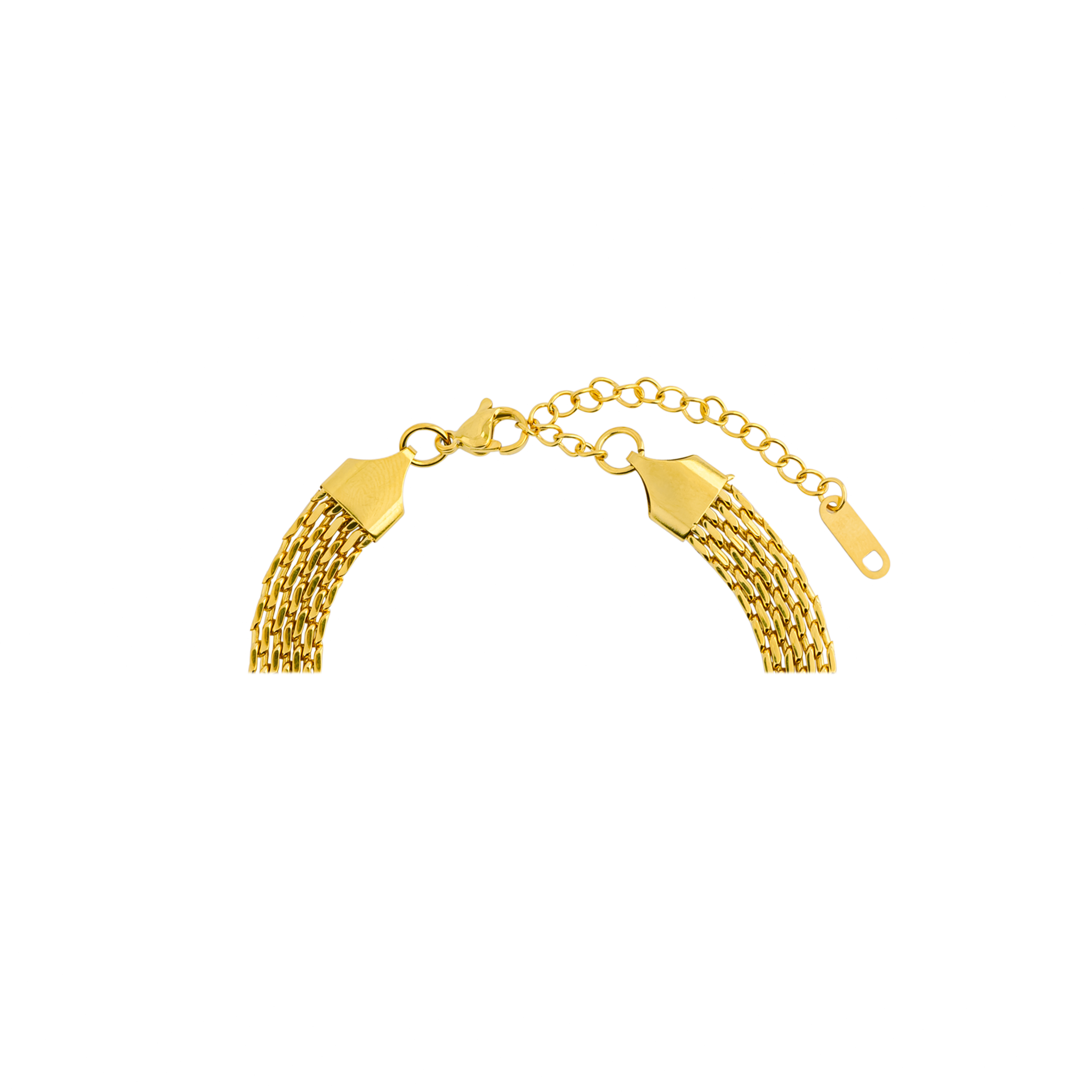 Close-up of an 18K gold-plated multi-strand bracelet, featuring intricately woven links, a lobster clasp, and an adjustable chain extension, offering a balance of luxury and versatility.