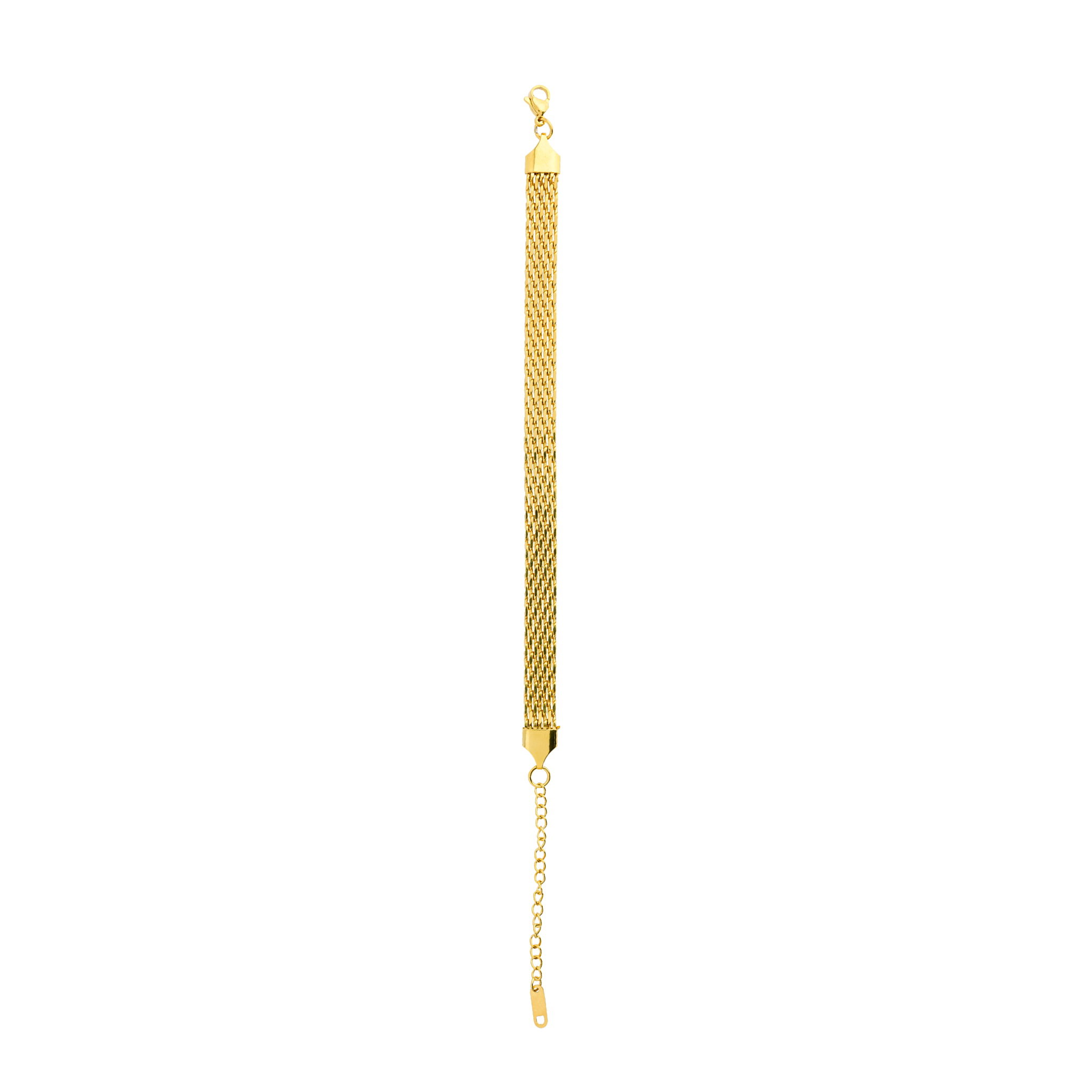Close-up of an 18K gold-plated multi-strand bracelet, featuring intricately woven links, a lobster clasp, and an adjustable chain extension, offering a balance of luxury and versatility.
