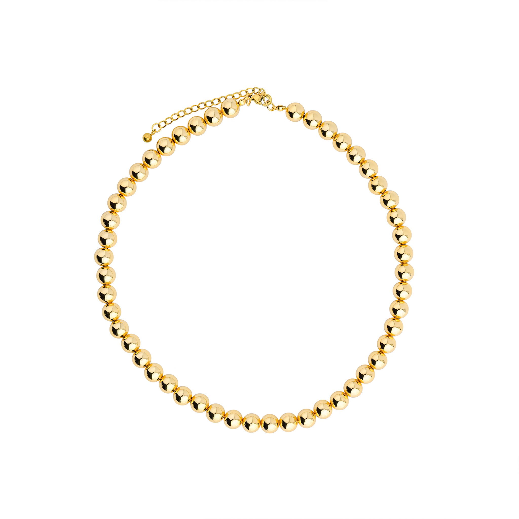 Close-up of an 18K gold-plated beaded necklace with perfectly polished round beads, creating a luxurious and timeless design ideal for formal occasions or everyday elegance.