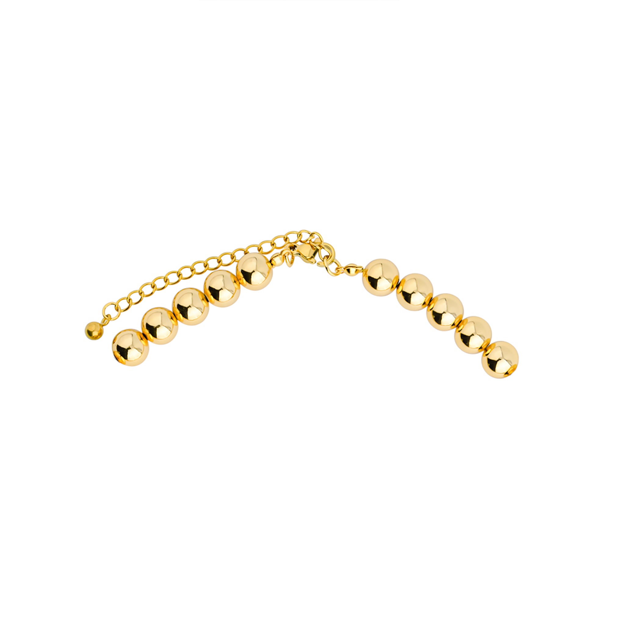 Close-up of an 18K gold-plated beaded necklace with perfectly polished round beads, creating a luxurious and timeless design ideal for formal occasions or everyday elegance.