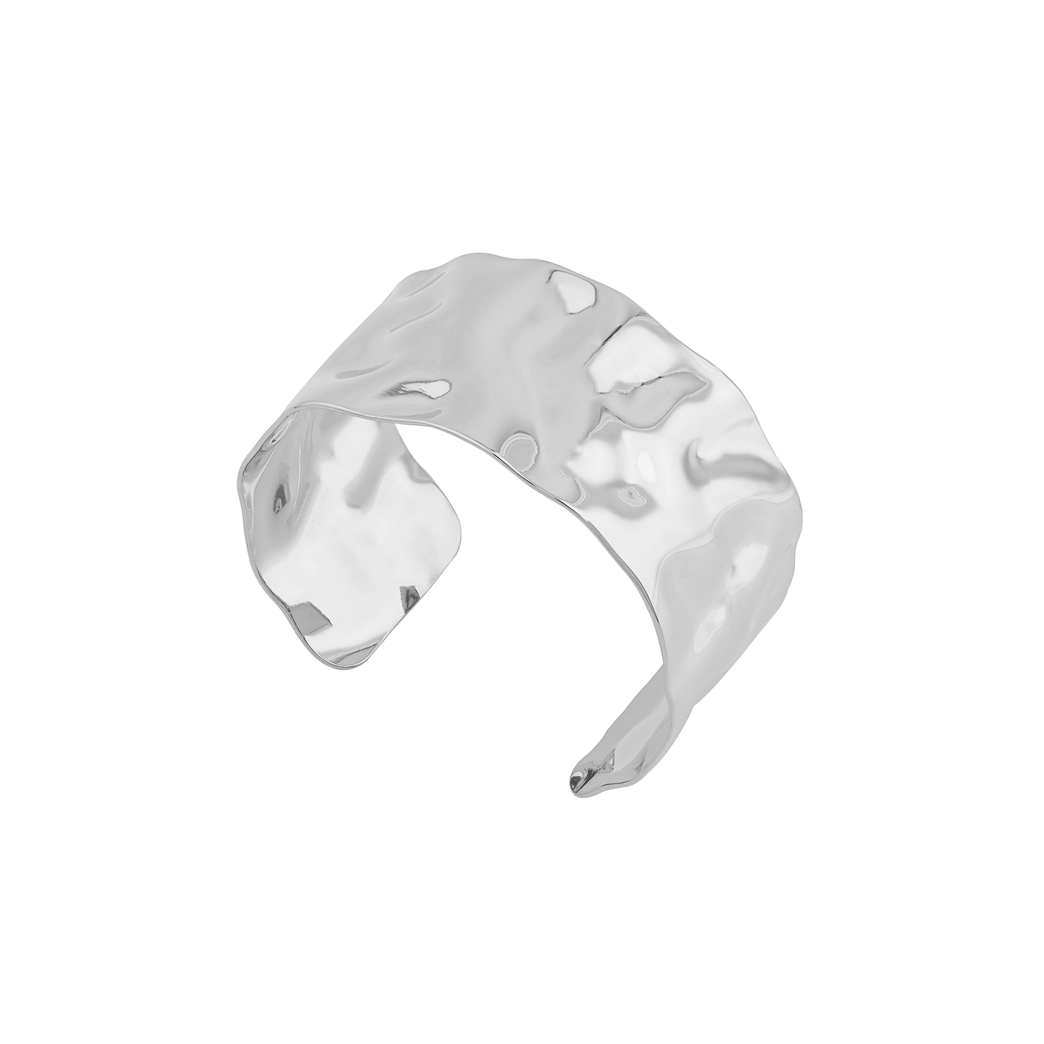 Silver plated cuff bracelet featuring a fluid, wavy design with a polished finish, perfect for making a statement.