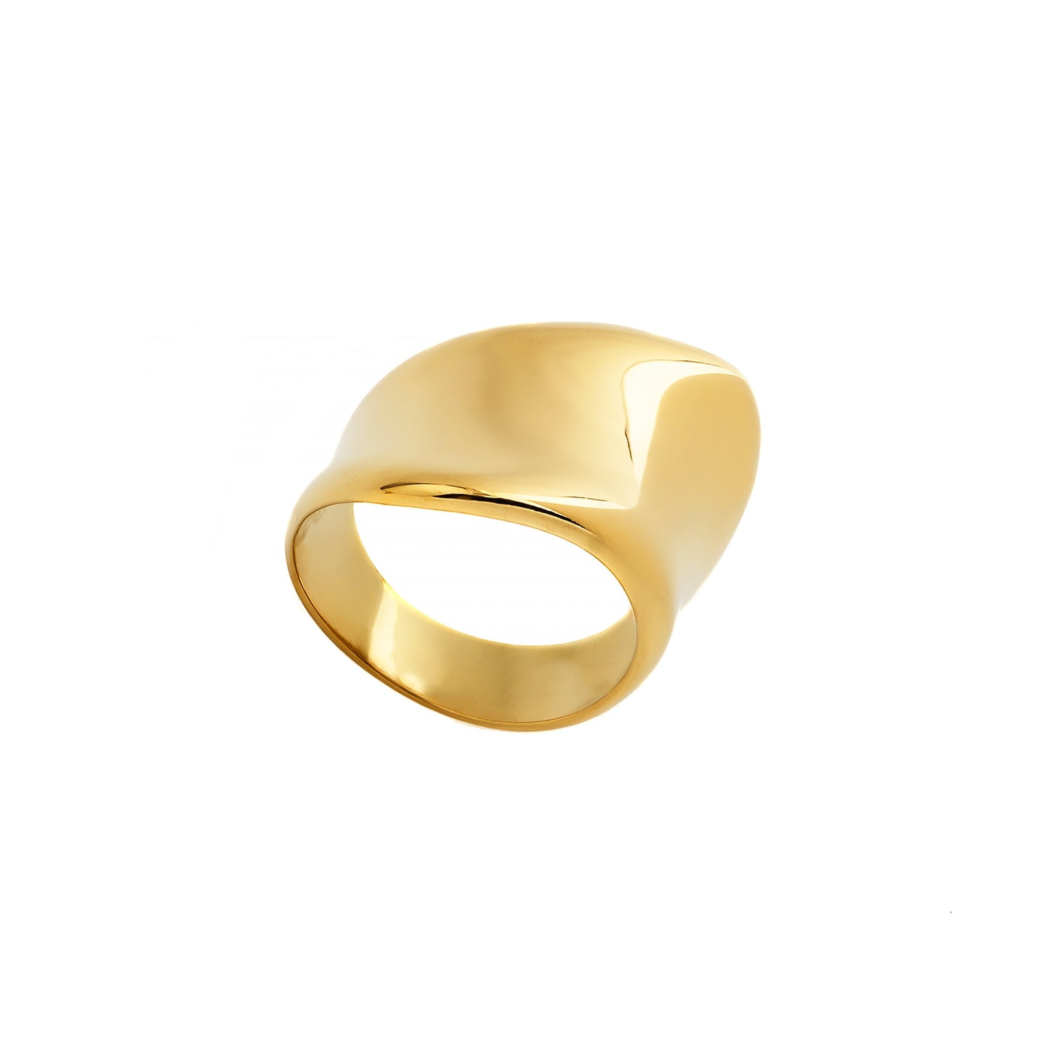 A polished 18K gold-plated statement ring featuring a smooth, flowing design with a contemporary silhouette, showcasing a refined, sculptural finish.