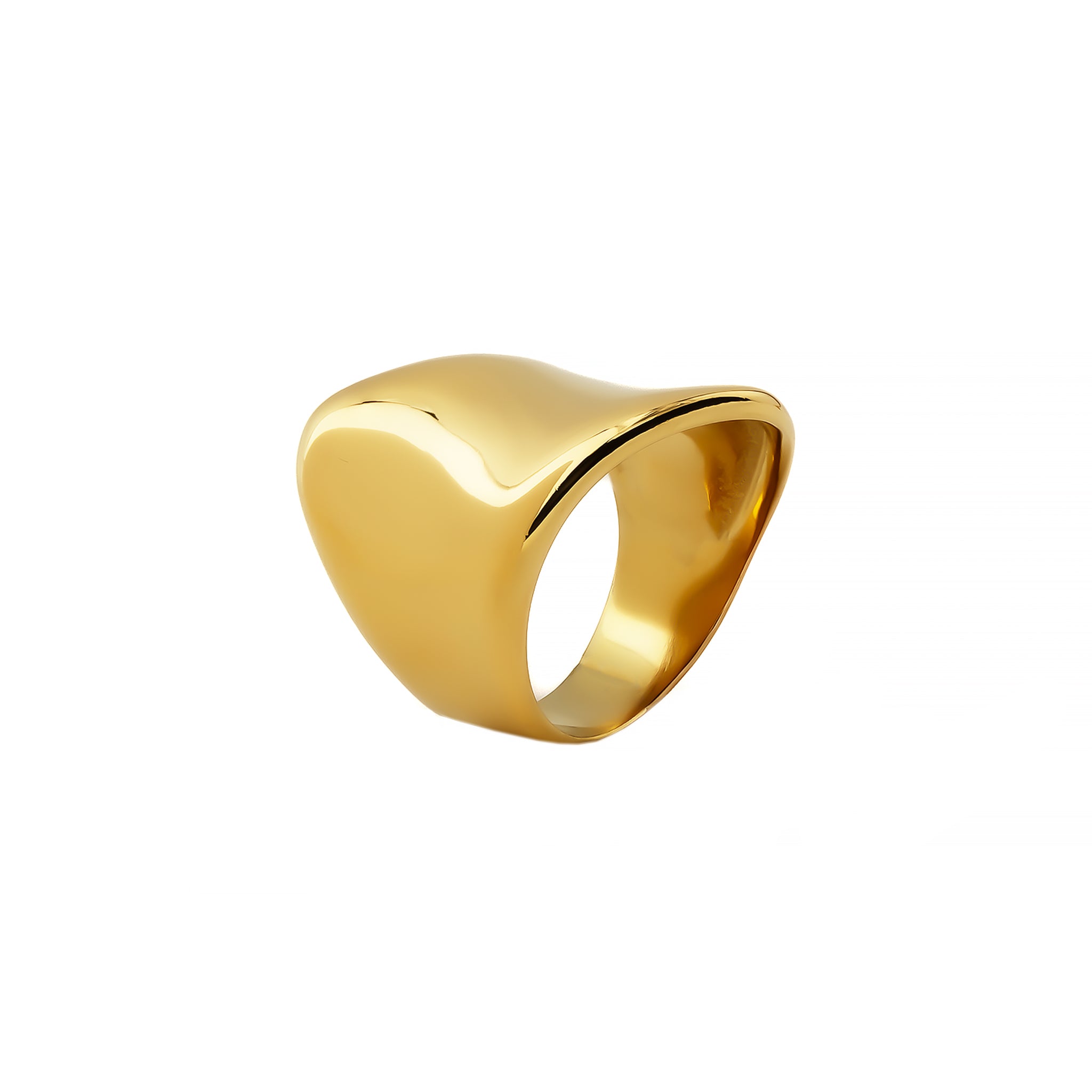 A polished 18K gold-plated statement ring featuring a smooth, flowing design with a contemporary silhouette, showcasing a refined, sculptural finish.