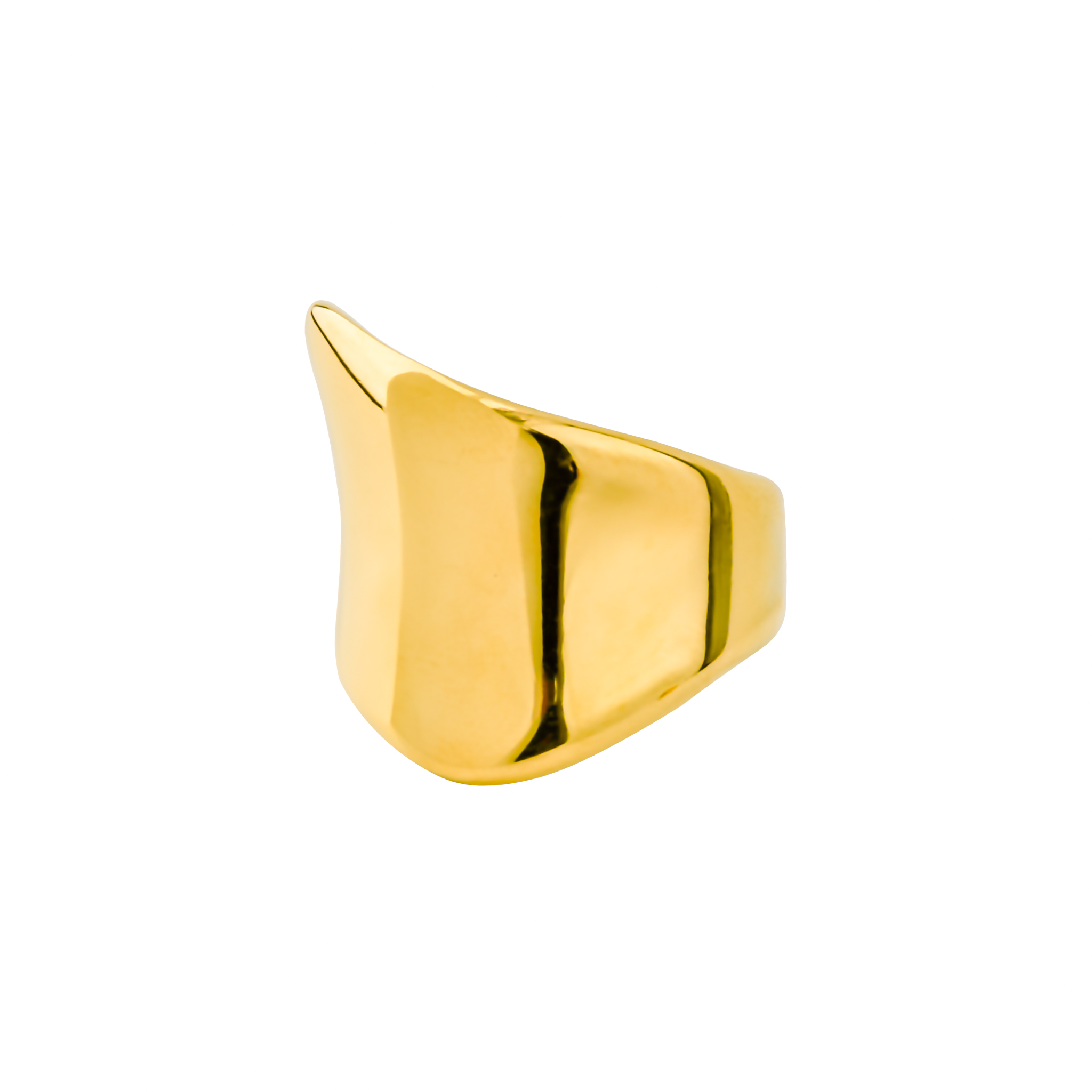 A polished 18K gold-plated statement ring featuring a smooth, flowing design with a contemporary silhouette, showcasing a refined, sculptural finish.