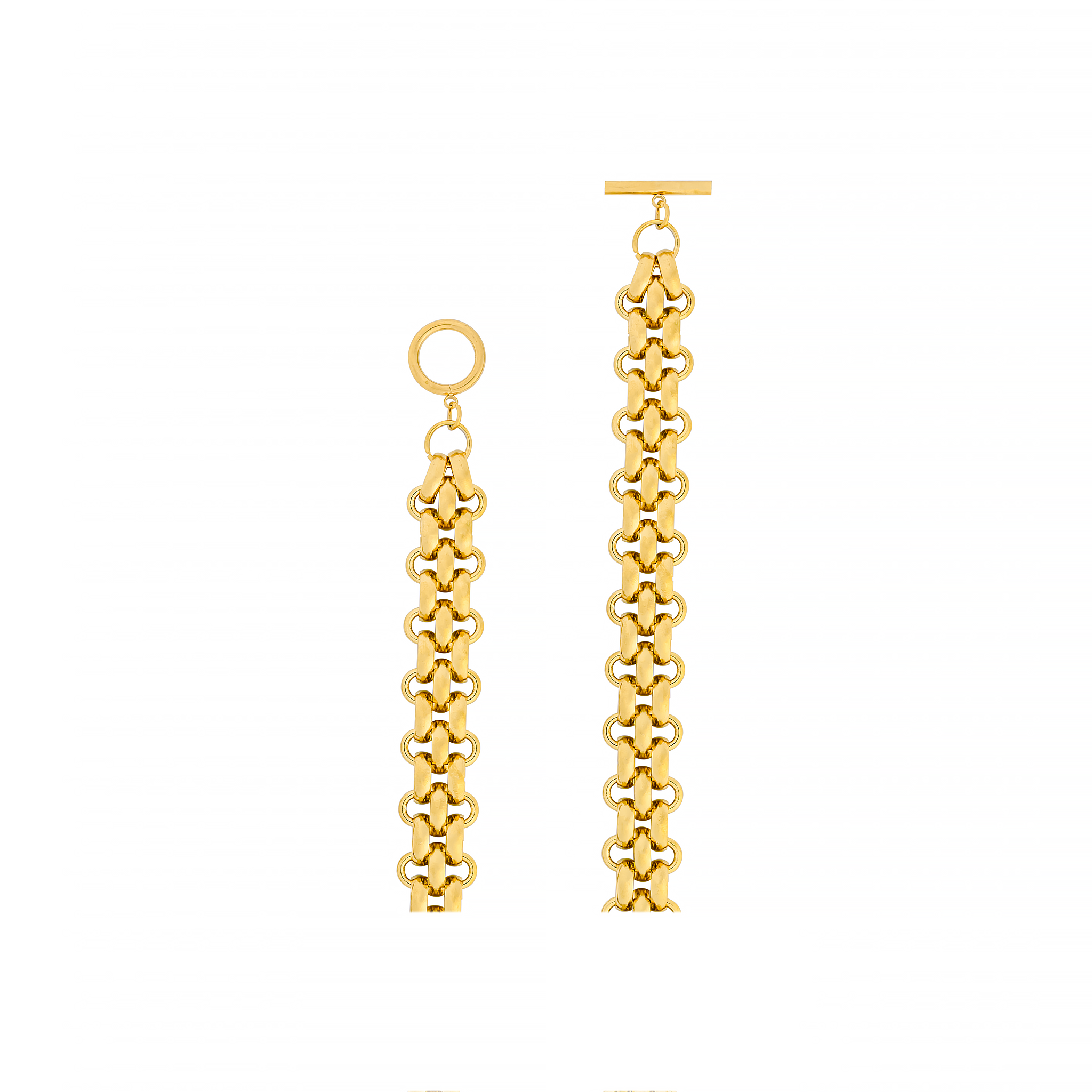 18K gold-plated woven chain necklace featuring a robust interlink design and toggle clasp closure, showcasing its intricate craftsmanship and luxurious shine.