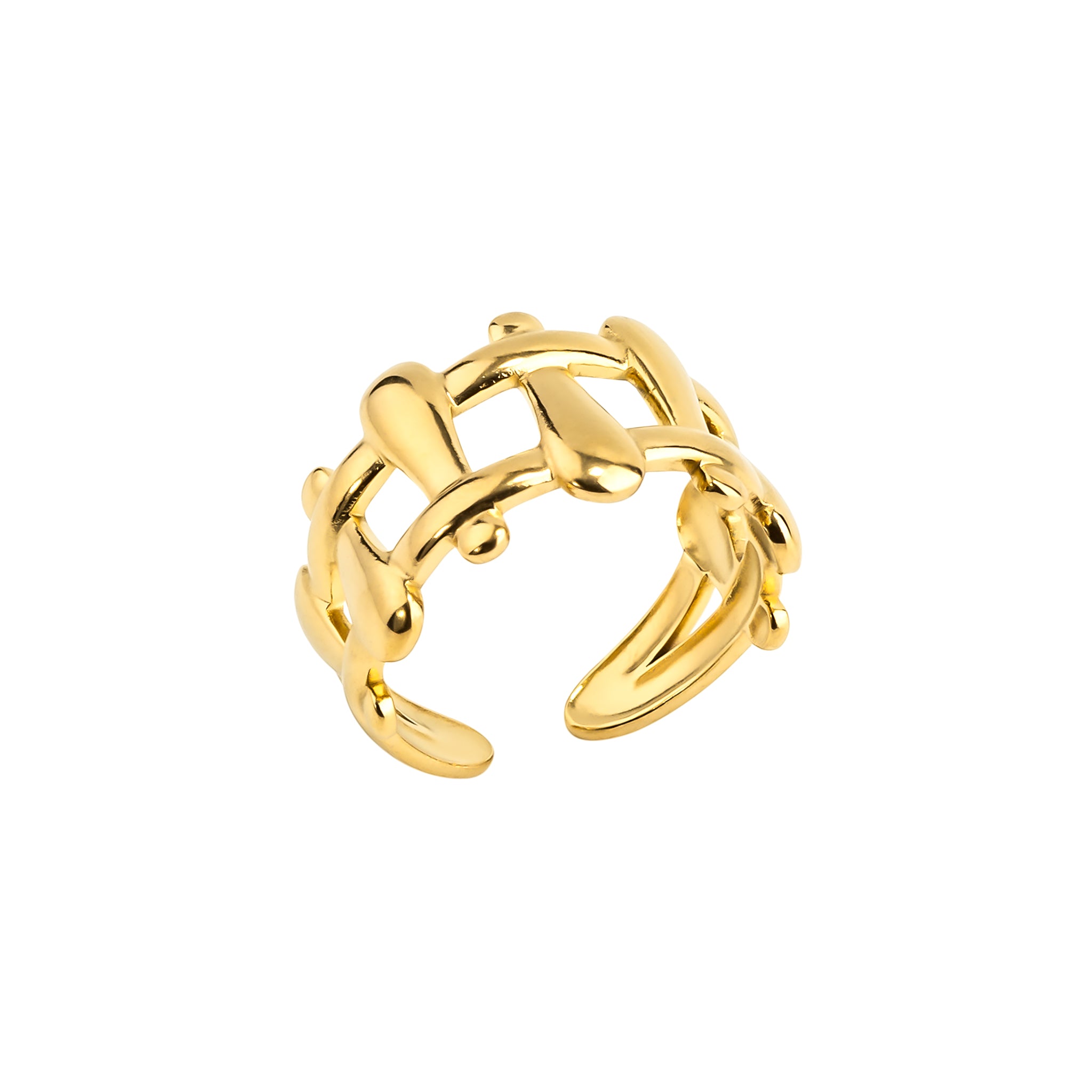 18K gold-plated openwork ring with interwoven teardrop motifs, featuring a sculptural and artistic design that adds texture and uniqueness.