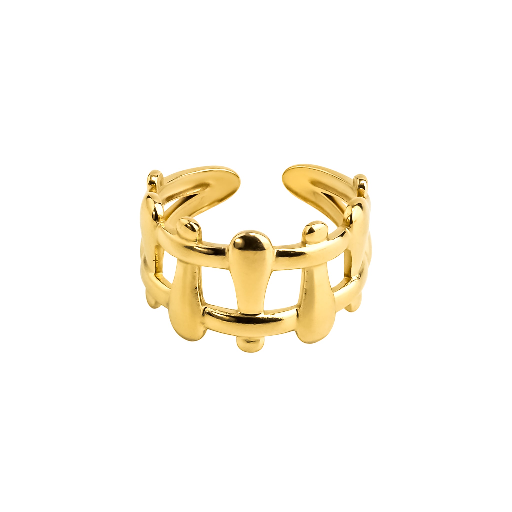 18K gold-plated openwork ring with interwoven teardrop motifs, featuring a sculptural and artistic design that adds texture and uniqueness.