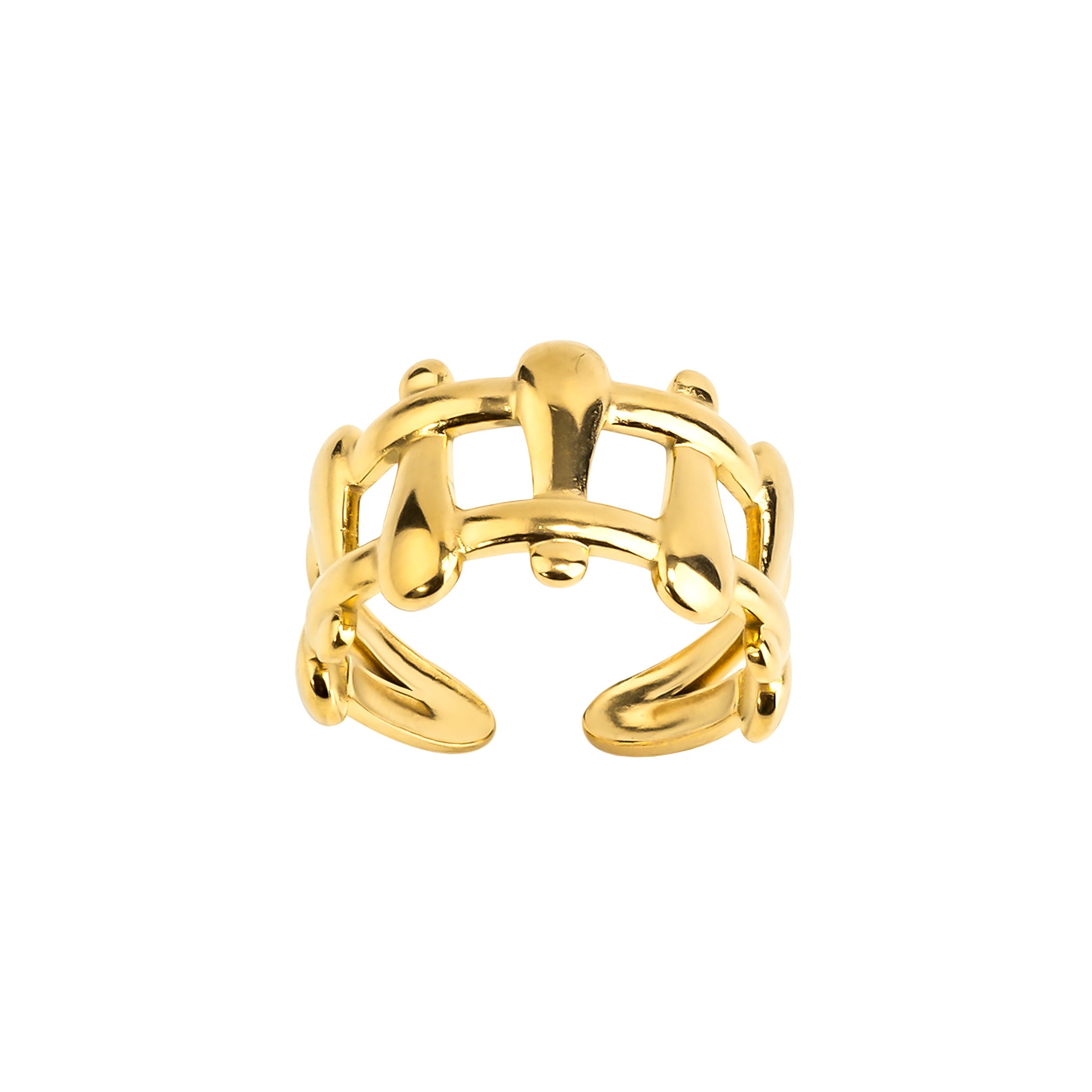 18K gold-plated openwork ring with interwoven teardrop motifs, featuring a sculptural and artistic design that adds texture and uniqueness.