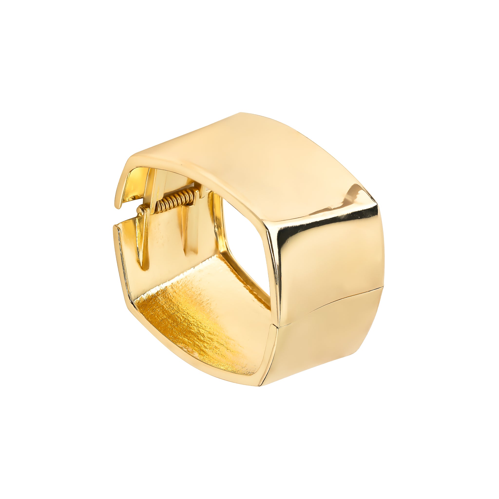 Close-up view of an gold-plated wide cuff bracelet, featuring a sleek, polished surface with a sturdy clasp mechanism, showcasing its modern, bold design and reflective finish.