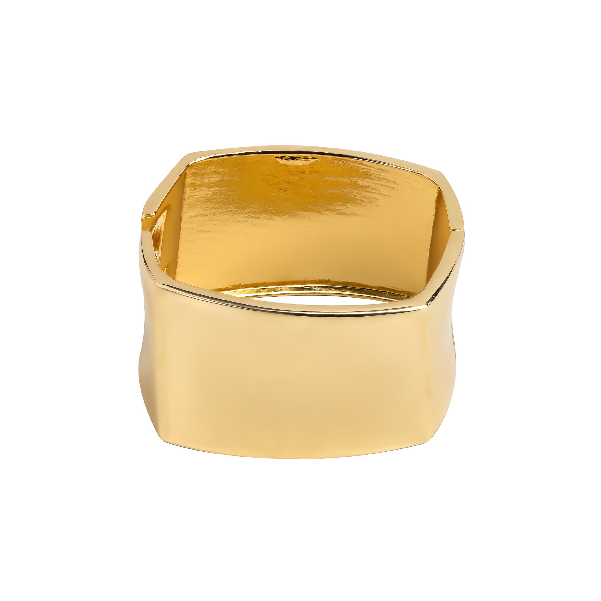 Close-up view of an gold-plated wide cuff bracelet, featuring a sleek, polished surface with a sturdy clasp mechanism, showcasing its modern, bold design and reflective finish.