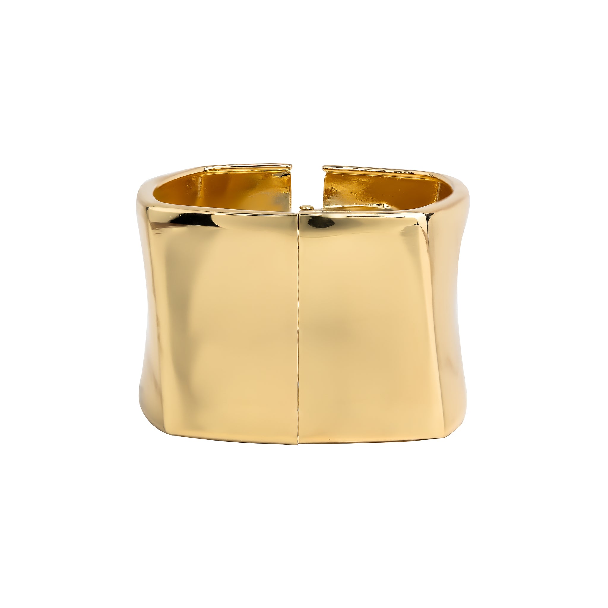 Close-up view of an gold-plated wide cuff bracelet, featuring a sleek, polished surface with a sturdy clasp mechanism, showcasing its modern, bold design and reflective finish.
