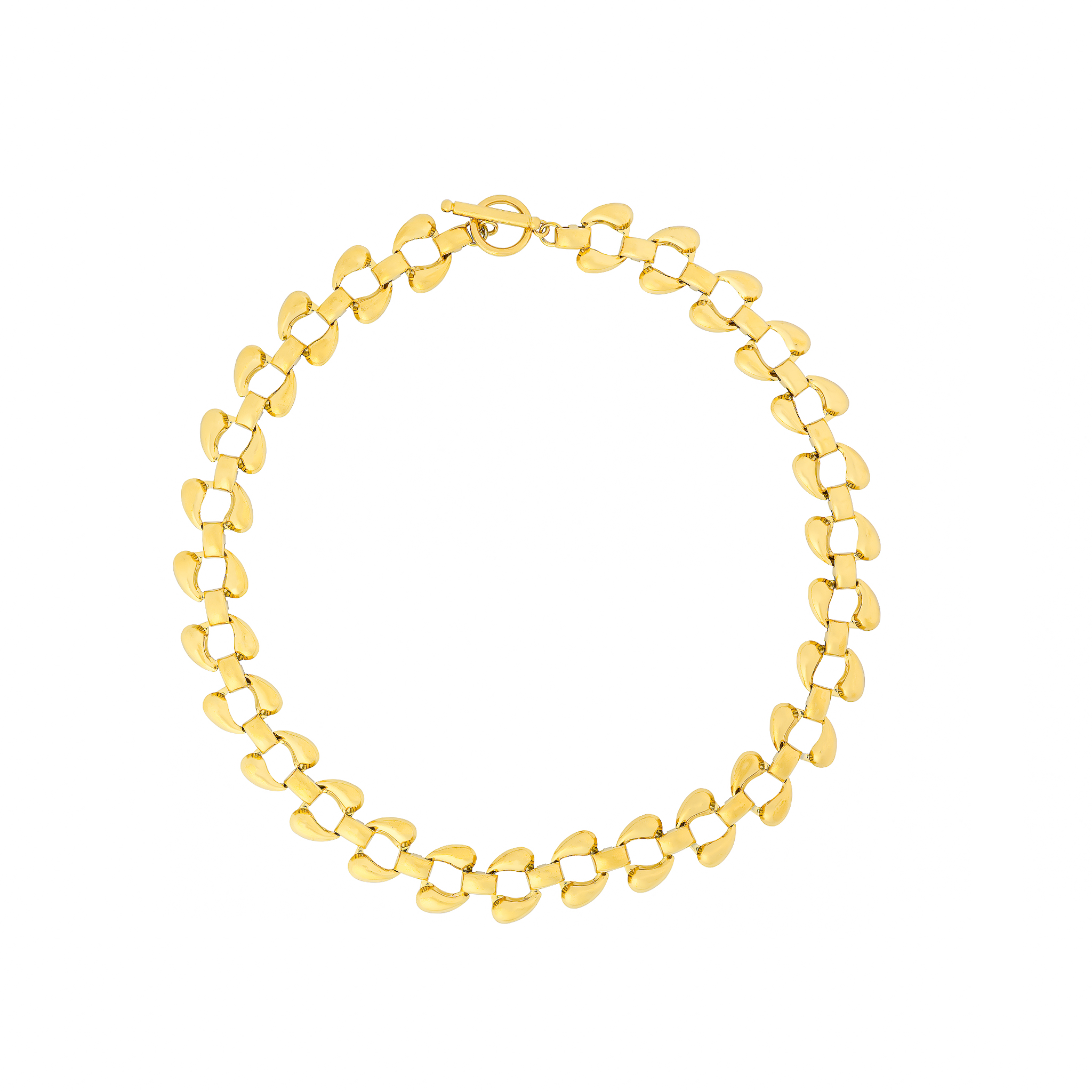 18K gold-plated chain necklace featuring polished, interlocking leaf-shaped links, exuding a bold and contemporary aesthetic.