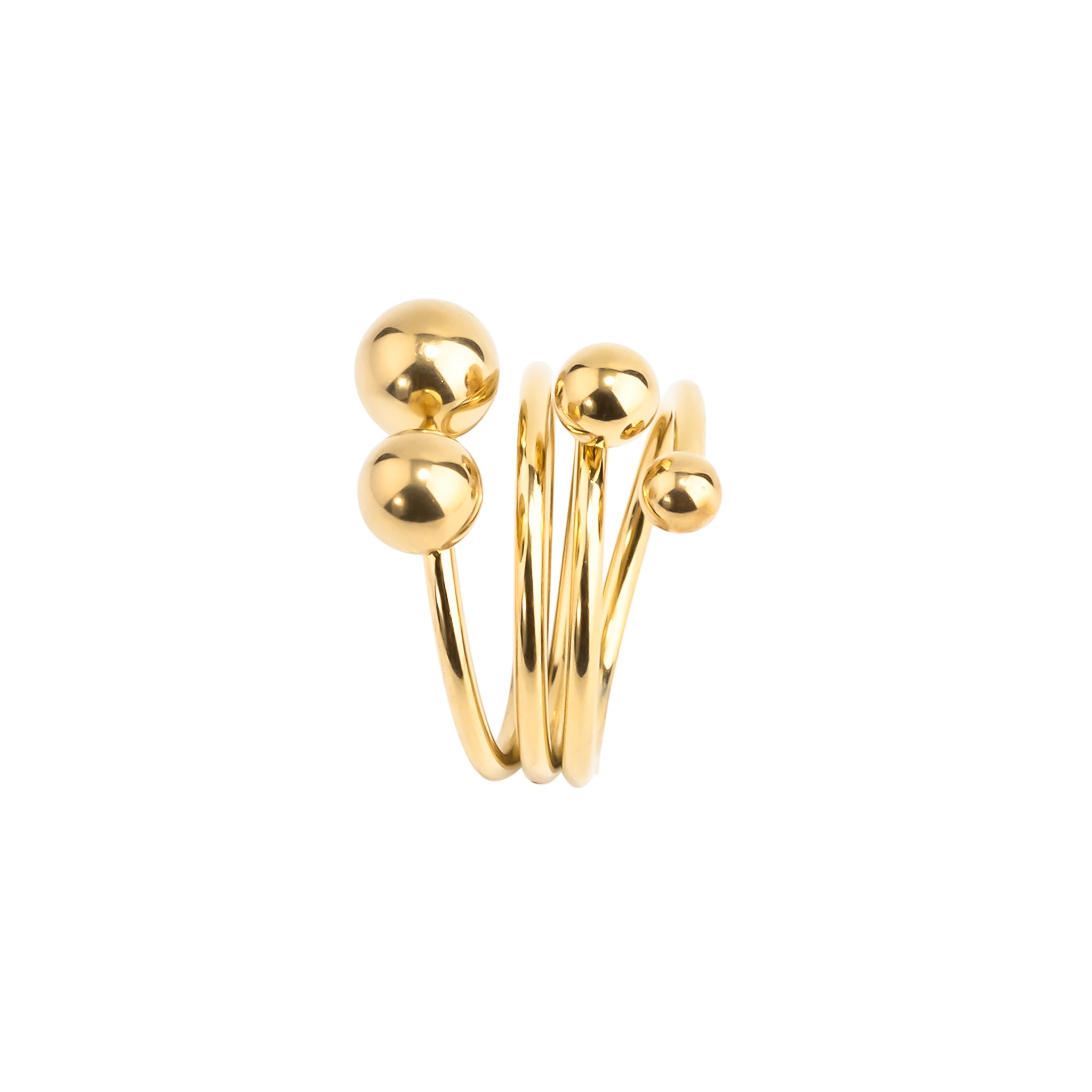 Close-up of an 18K gold-plated statement ring featuring stacked bands and polished gold spheres, creating a dynamic, contemporary design.