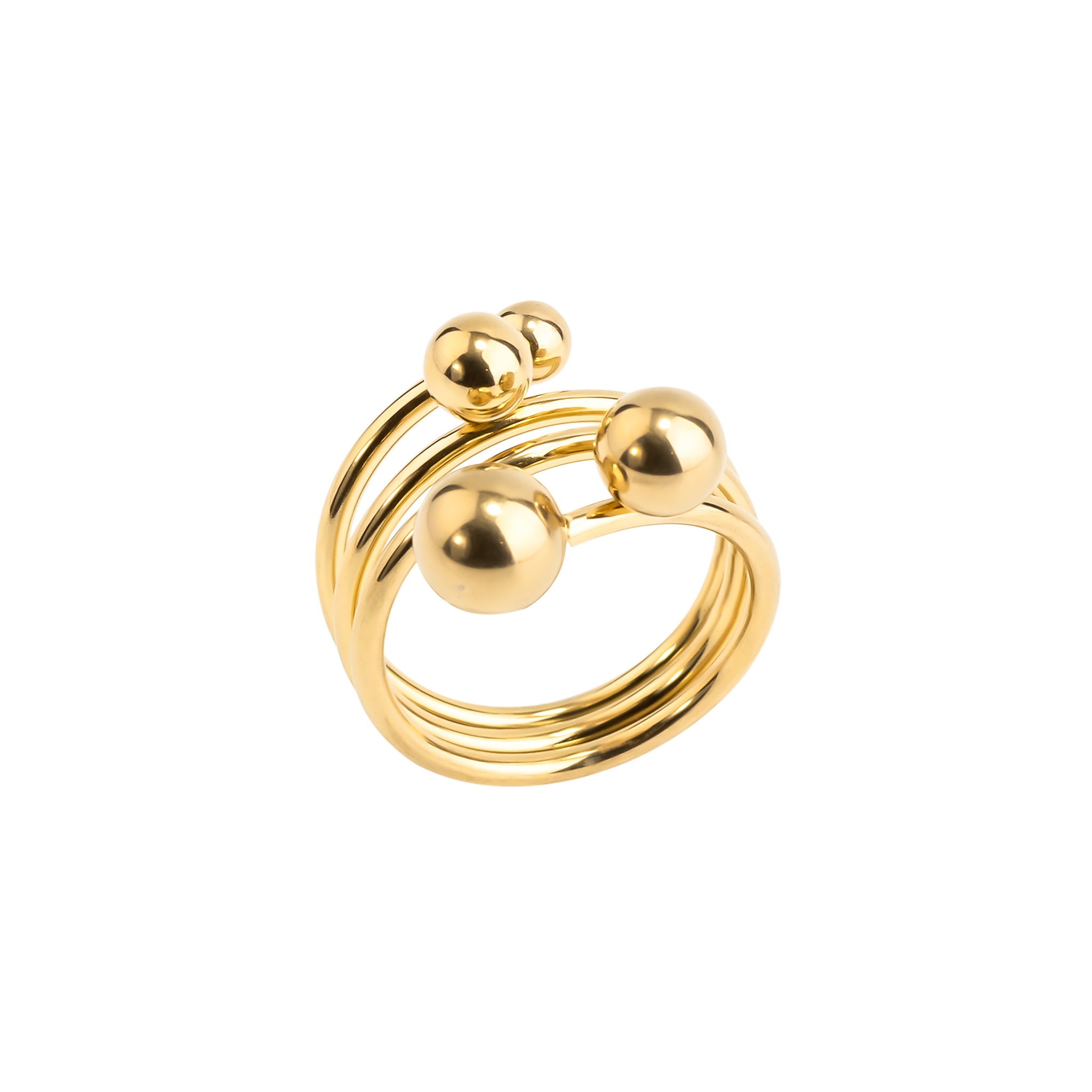 Close-up of an 18K gold-plated statement ring featuring stacked bands and polished gold spheres, creating a dynamic, contemporary design.