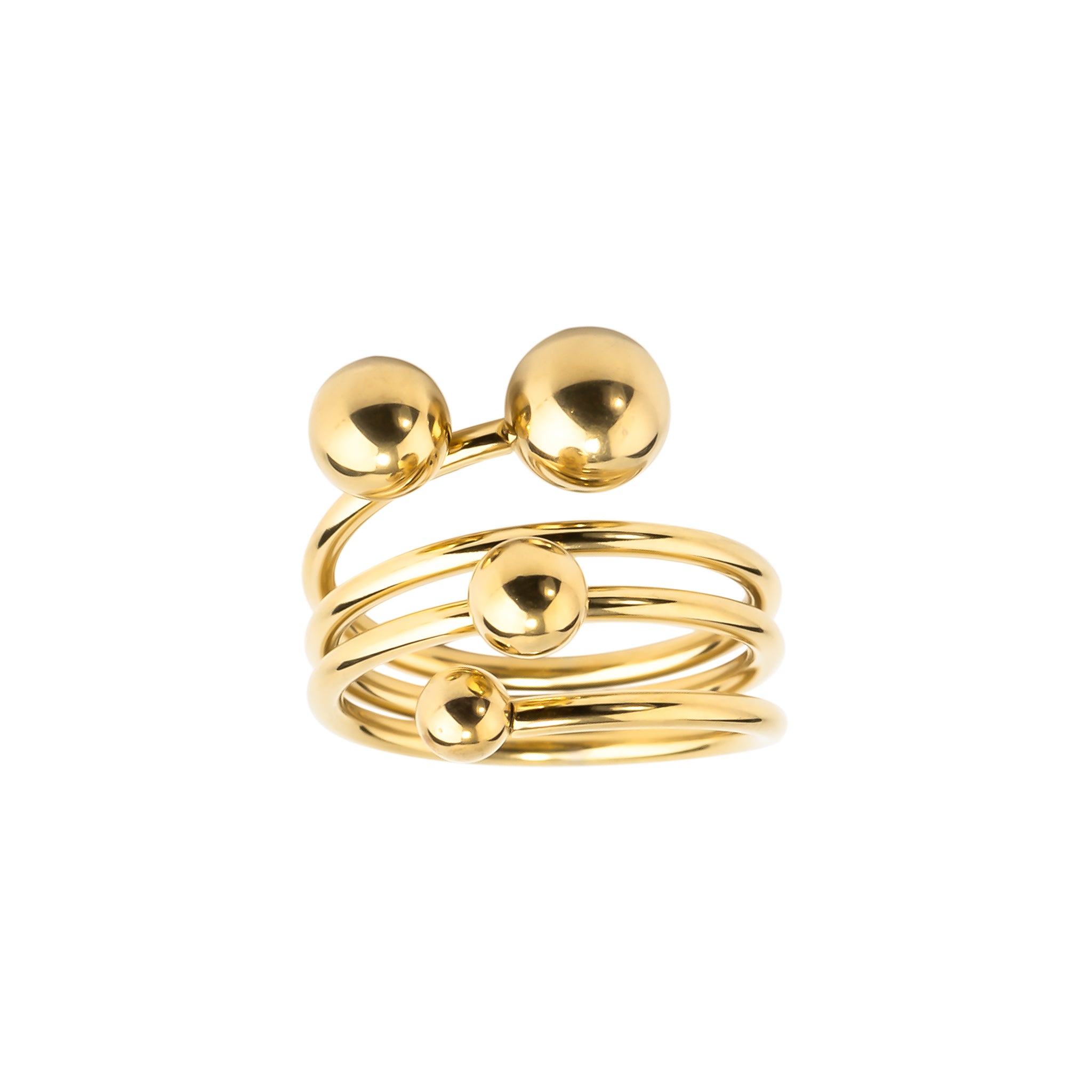 Close-up of an 18K gold-plated statement ring featuring stacked bands and polished gold spheres, creating a dynamic, contemporary design.