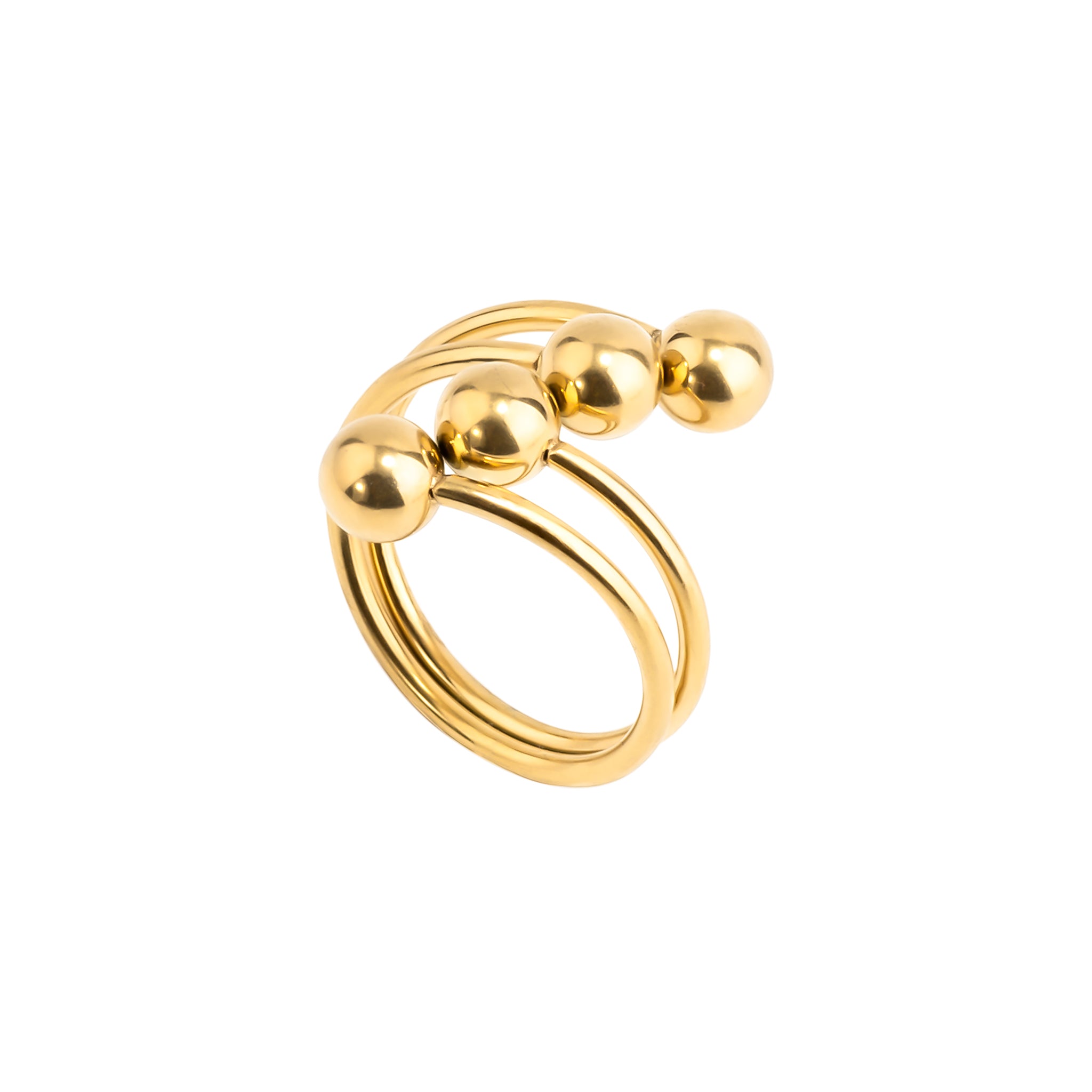 Close-up of the 18K gold-plated multi-band ring featuring bold, spherical accents, showcasing its contemporary design and luxurious golden finish.