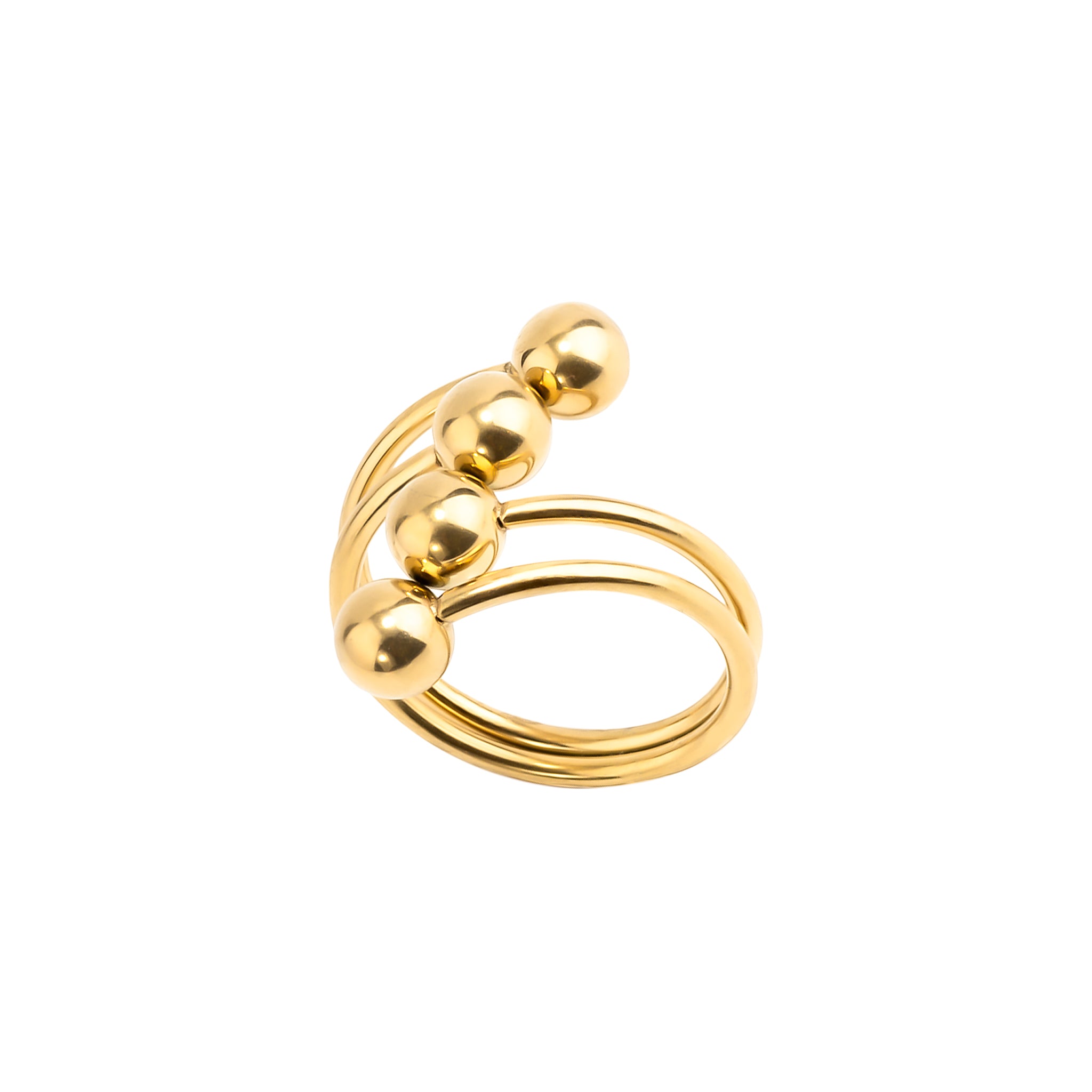 Close-up of the 18K gold-plated multi-band ring featuring bold, spherical accents, showcasing its contemporary design and luxurious golden finish.
