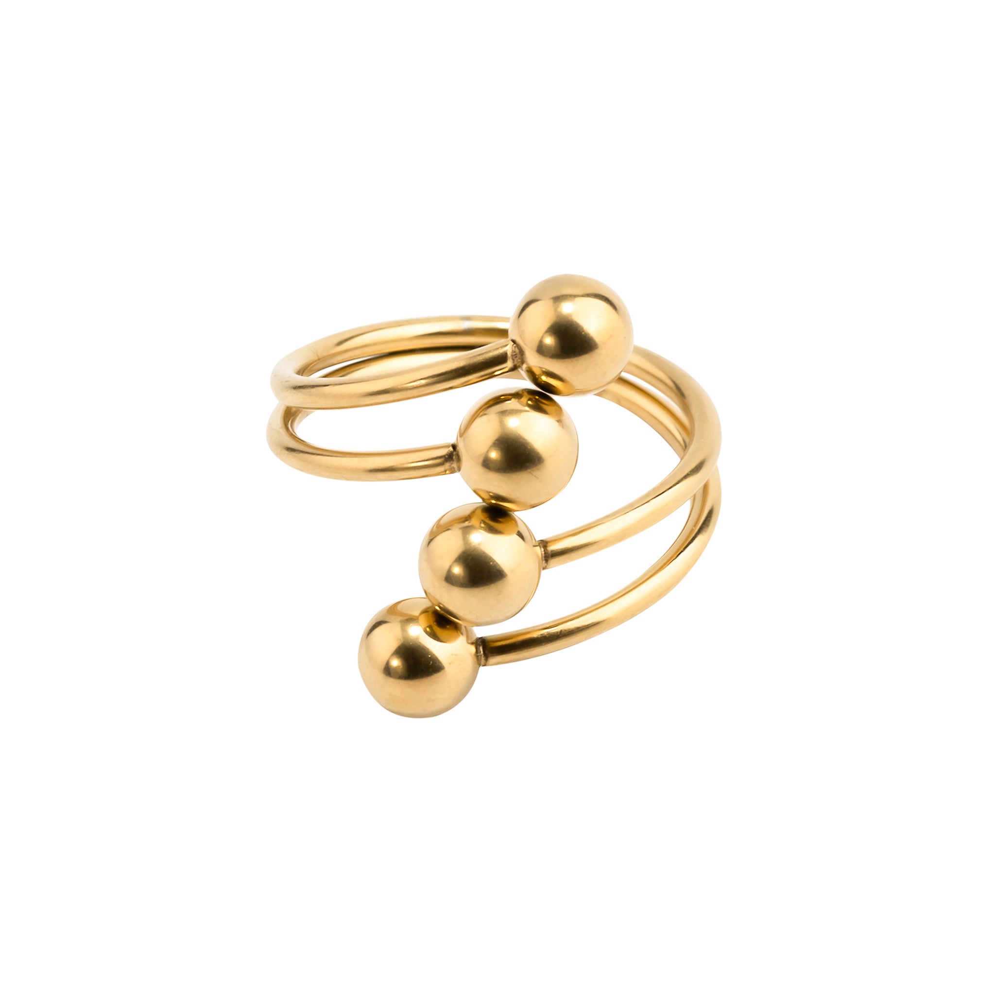 Close-up of the 18K gold-plated multi-band ring featuring bold, spherical accents, showcasing its contemporary design and luxurious golden finish.