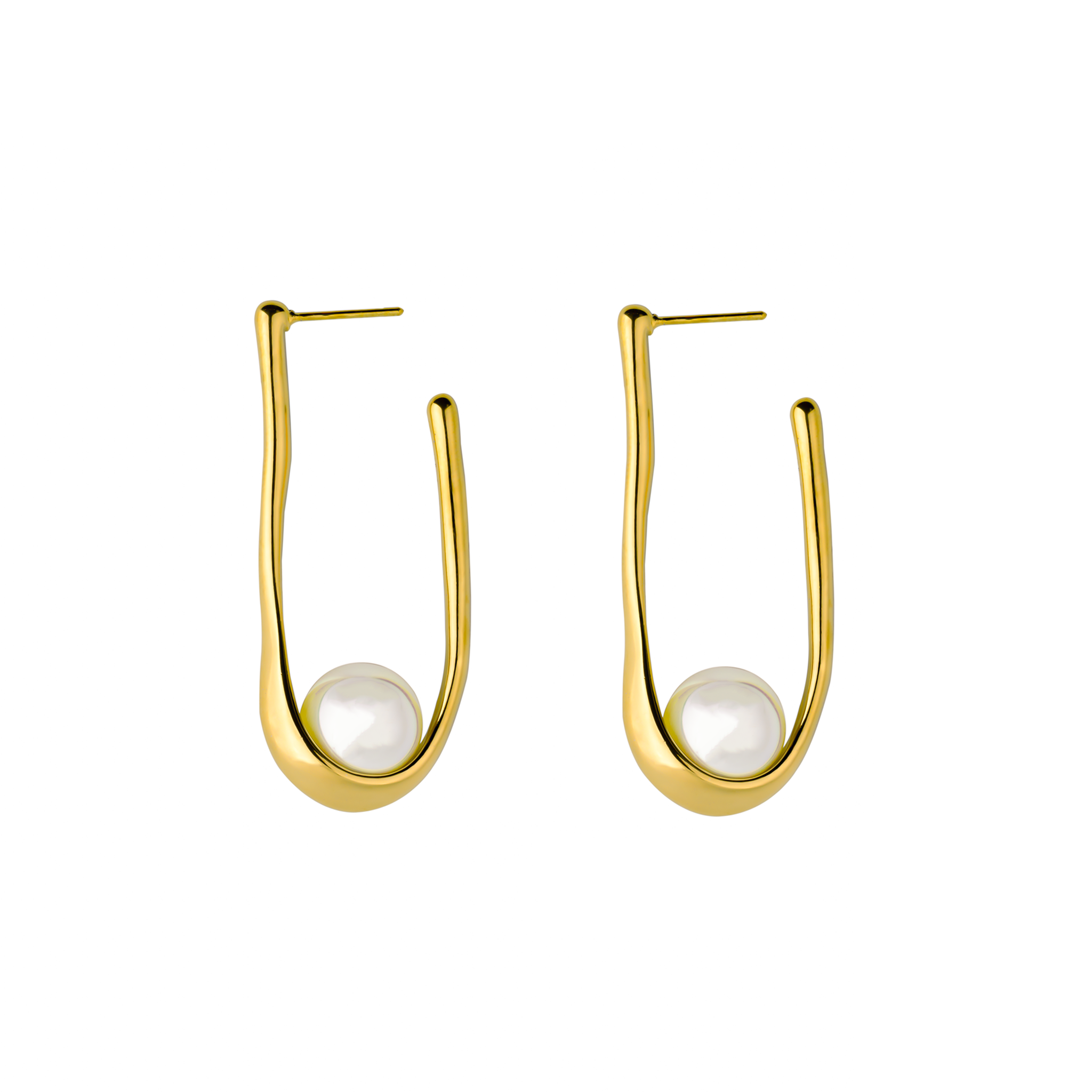 18K gold-plated drop earrings featuring a sleek, curved design with a pearl accent nestled at the base, showcasing a minimalist and elegant aesthetic.