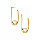 18K gold-plated drop earrings featuring a sleek, curved design with a pearl accent nestled at the base, showcasing a minimalist and elegant aesthetic.