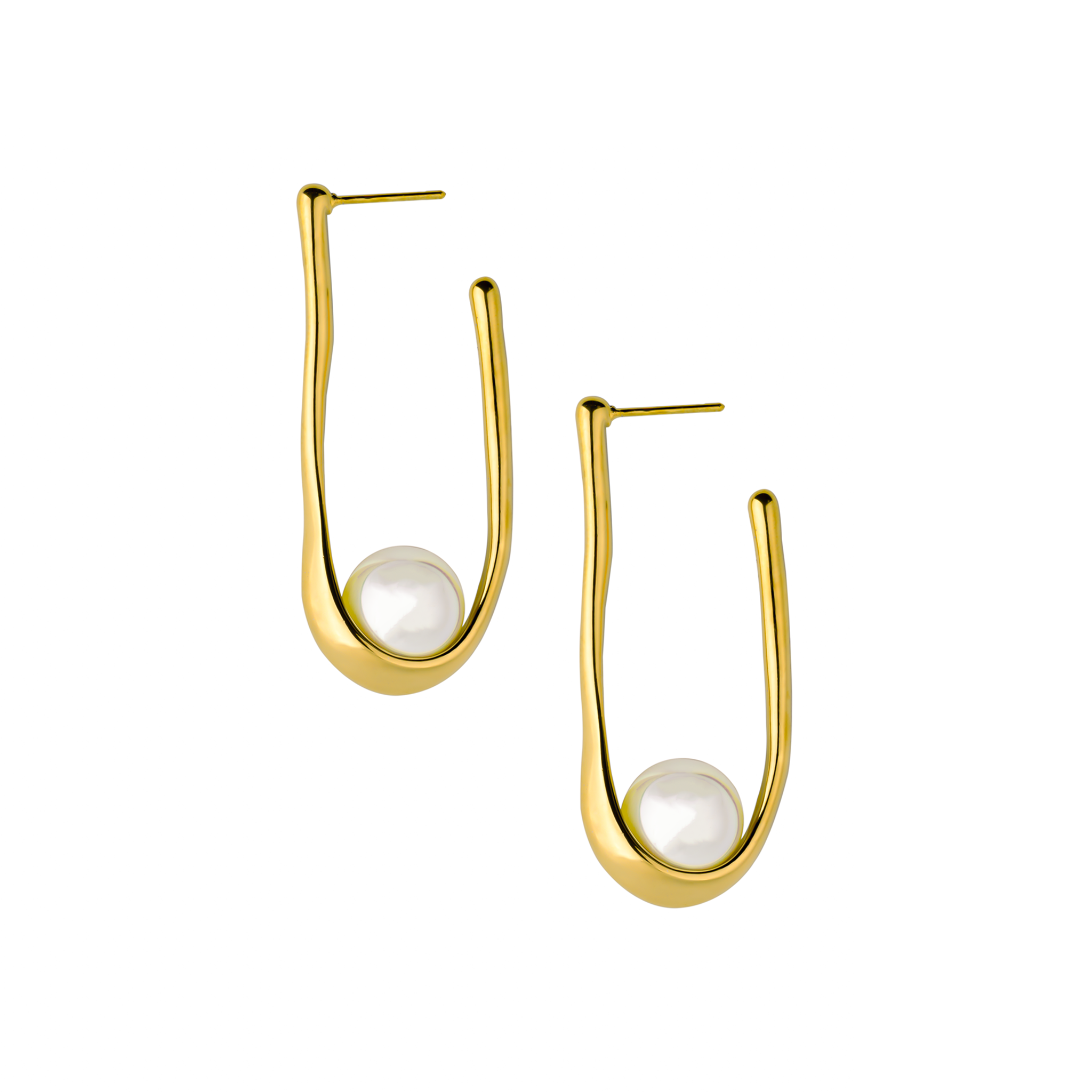 18K gold-plated drop earrings featuring a sleek, curved design with a pearl accent nestled at the base, showcasing a minimalist and elegant aesthetic.