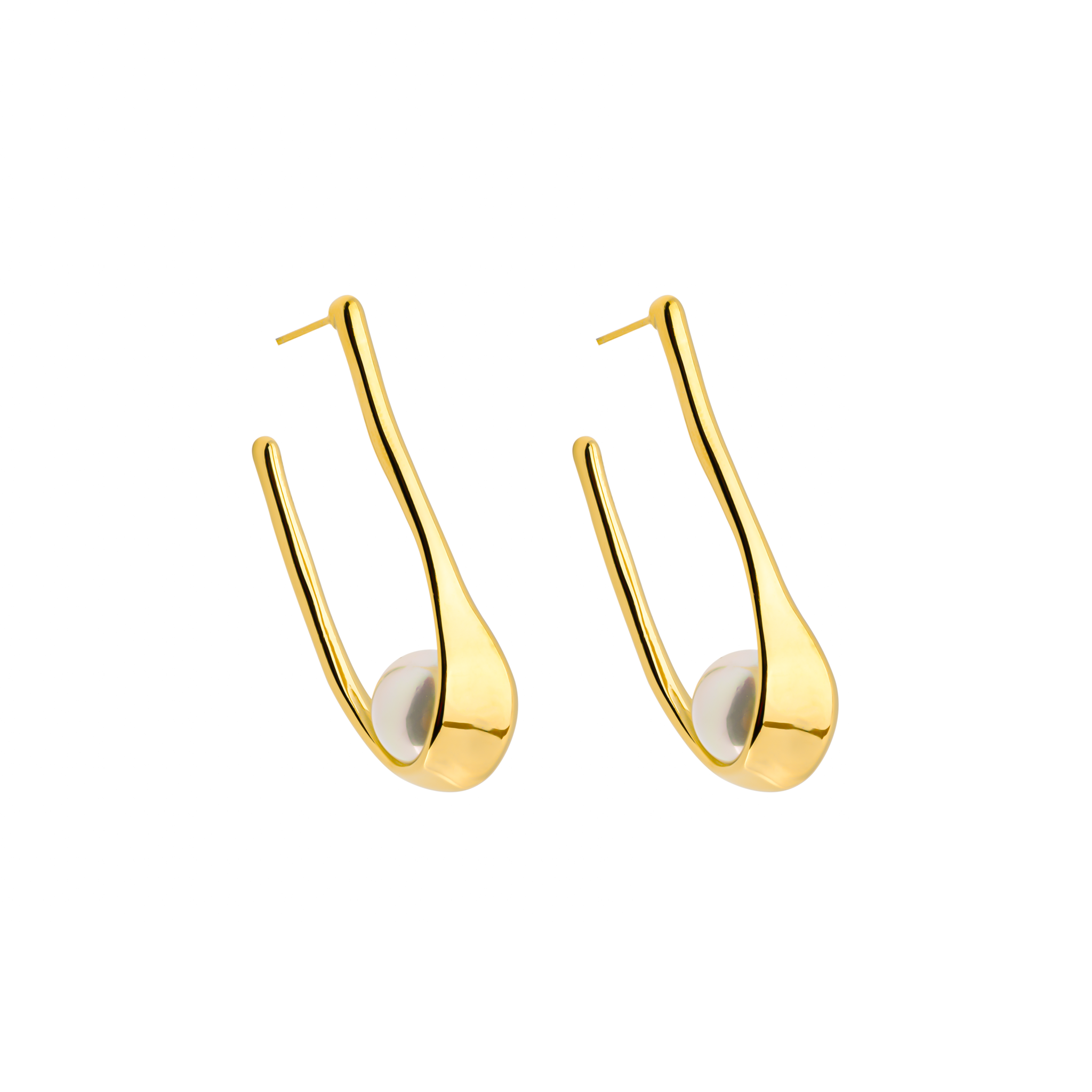18K gold-plated drop earrings featuring a sleek, curved design with a pearl accent nestled at the base, showcasing a minimalist and elegant aesthetic.