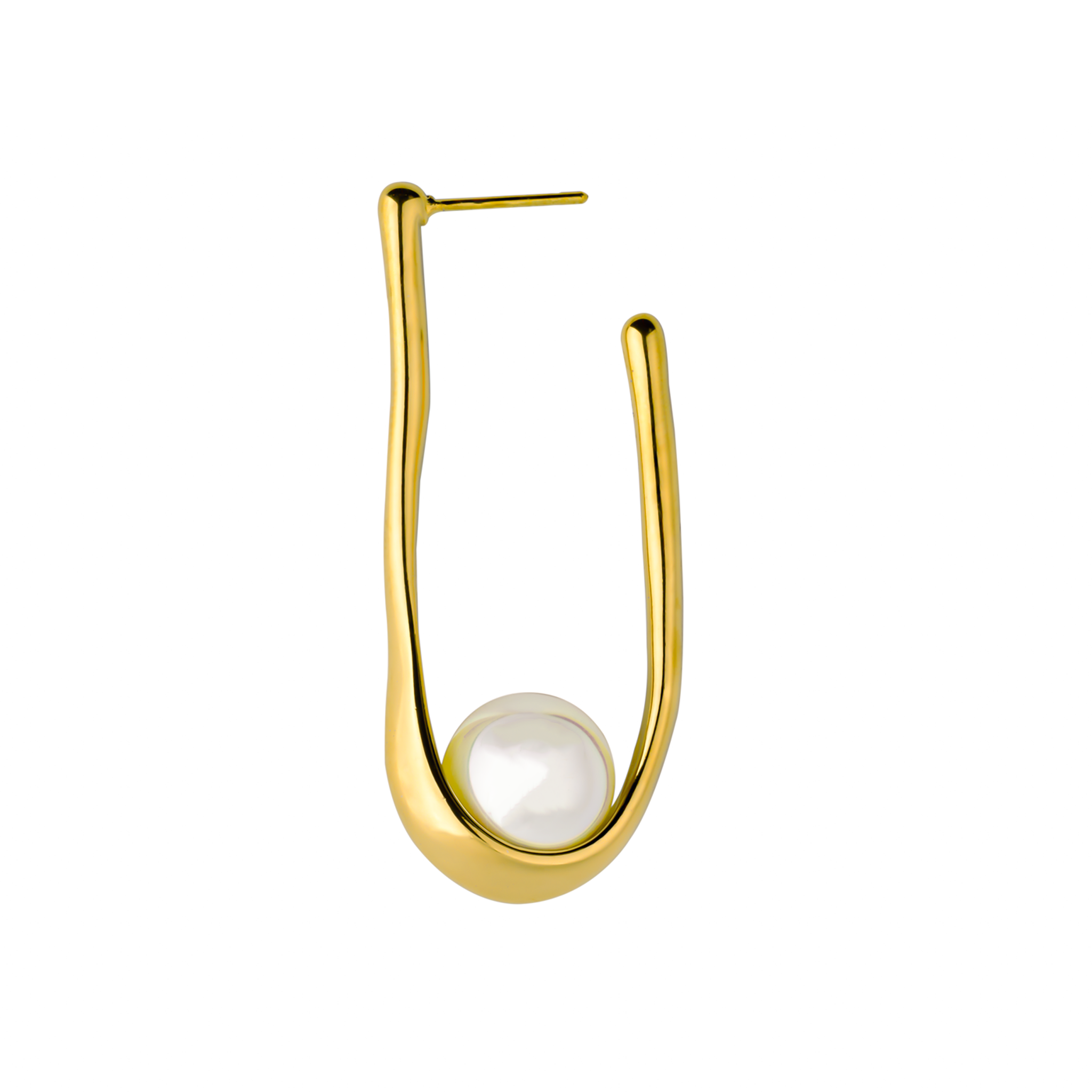 18K gold-plated drop earrings featuring a sleek, curved design with a pearl accent nestled at the base, showcasing a minimalist and elegant aesthetic.