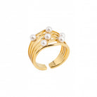 18K gold-plated multi-band ring embellished with delicate faux pearls, arranged to create a sophisticated stacked effect.