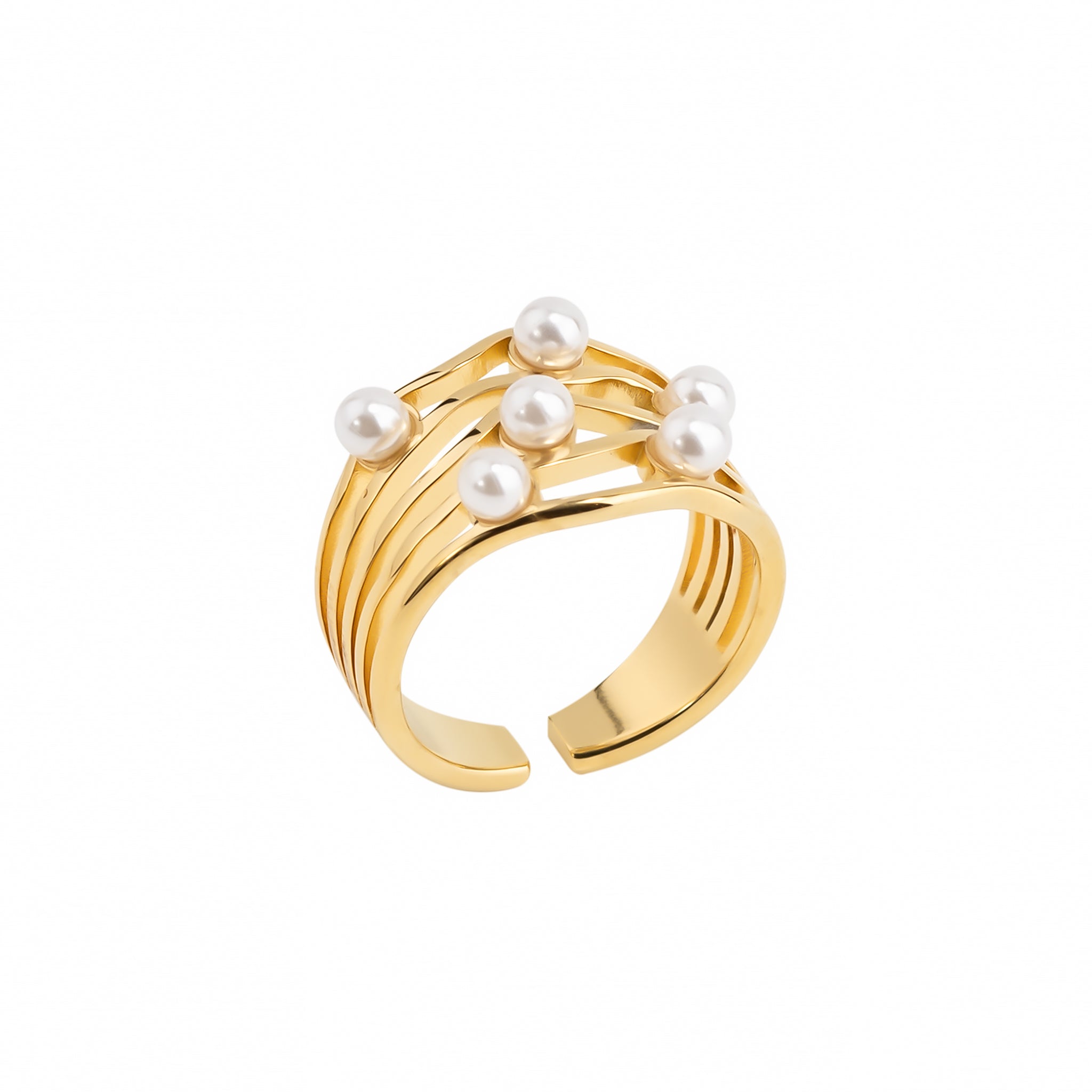 18K gold-plated multi-band ring embellished with delicate faux pearls, arranged to create a sophisticated stacked effect.