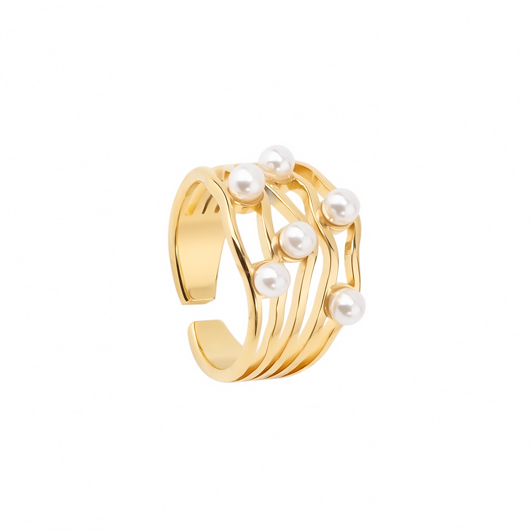 18K gold-plated multi-band ring embellished with delicate faux pearls, arranged to create a sophisticated stacked effect.
