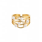 18K gold-plated multi-band ring embellished with delicate faux pearls, arranged to create a sophisticated stacked effect.