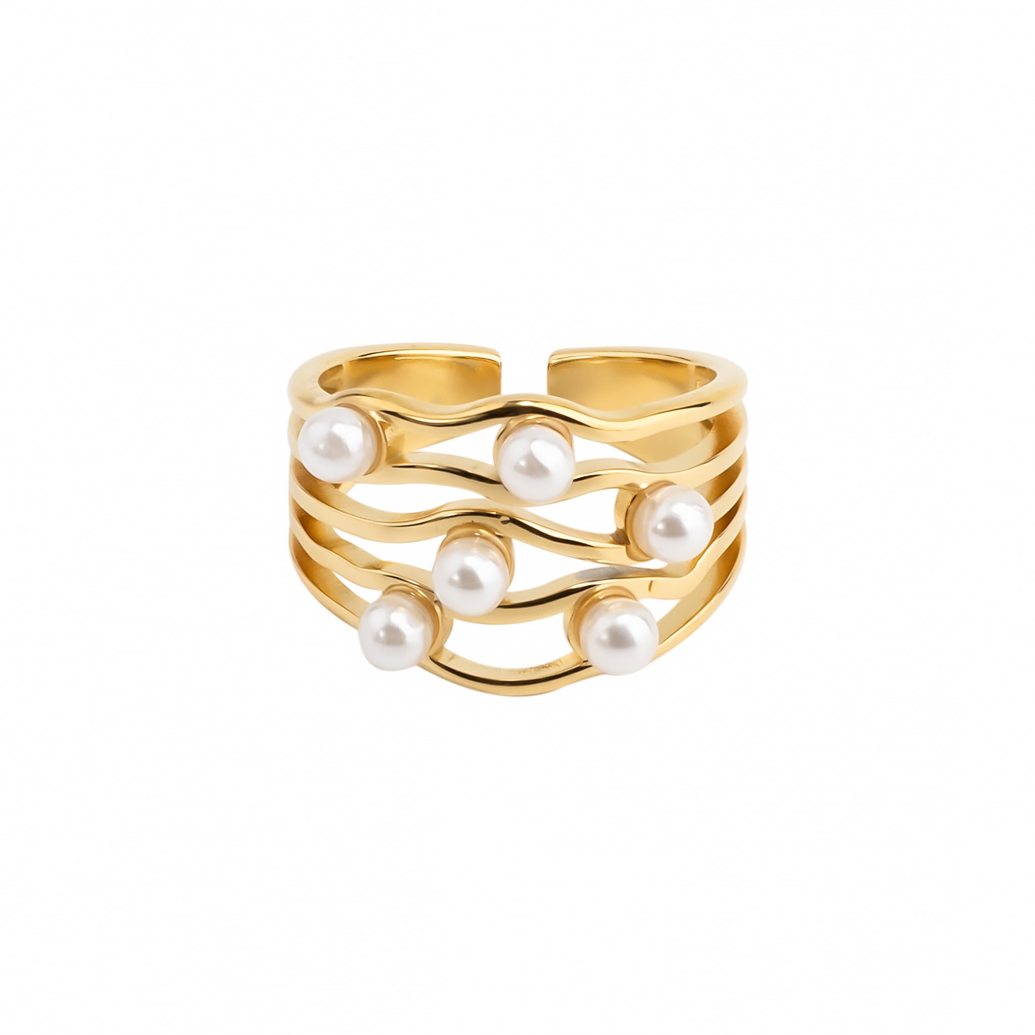 18K gold-plated multi-band ring embellished with delicate faux pearls, arranged to create a sophisticated stacked effect.