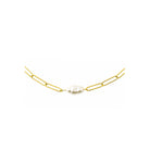 18K gold-plated chain necklace featuring a delicate paperclip design and a single freshwater pearl pendant, showcasing its minimalistic and modern charm.