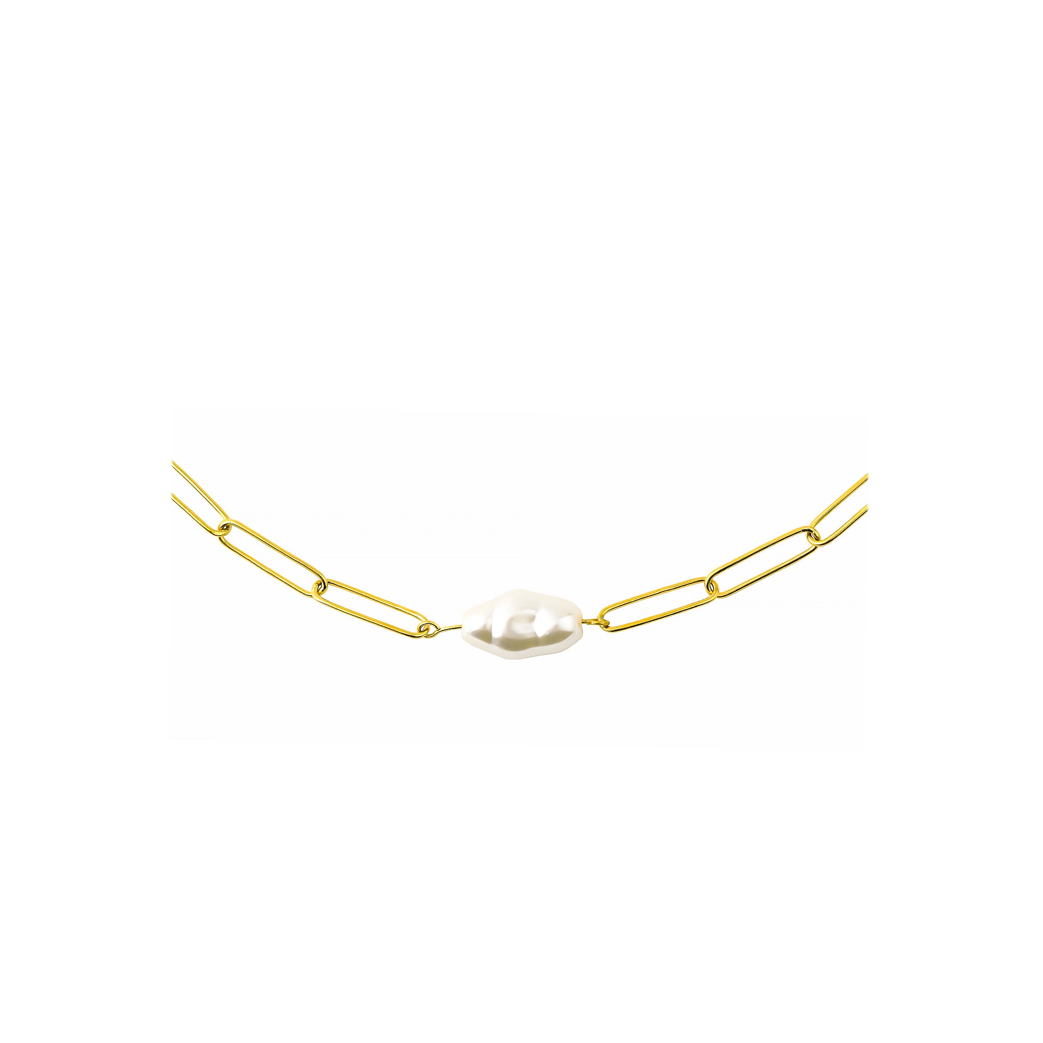 18K gold-plated chain necklace featuring a delicate paperclip design and a single freshwater pearl pendant, showcasing its minimalistic and modern charm.
